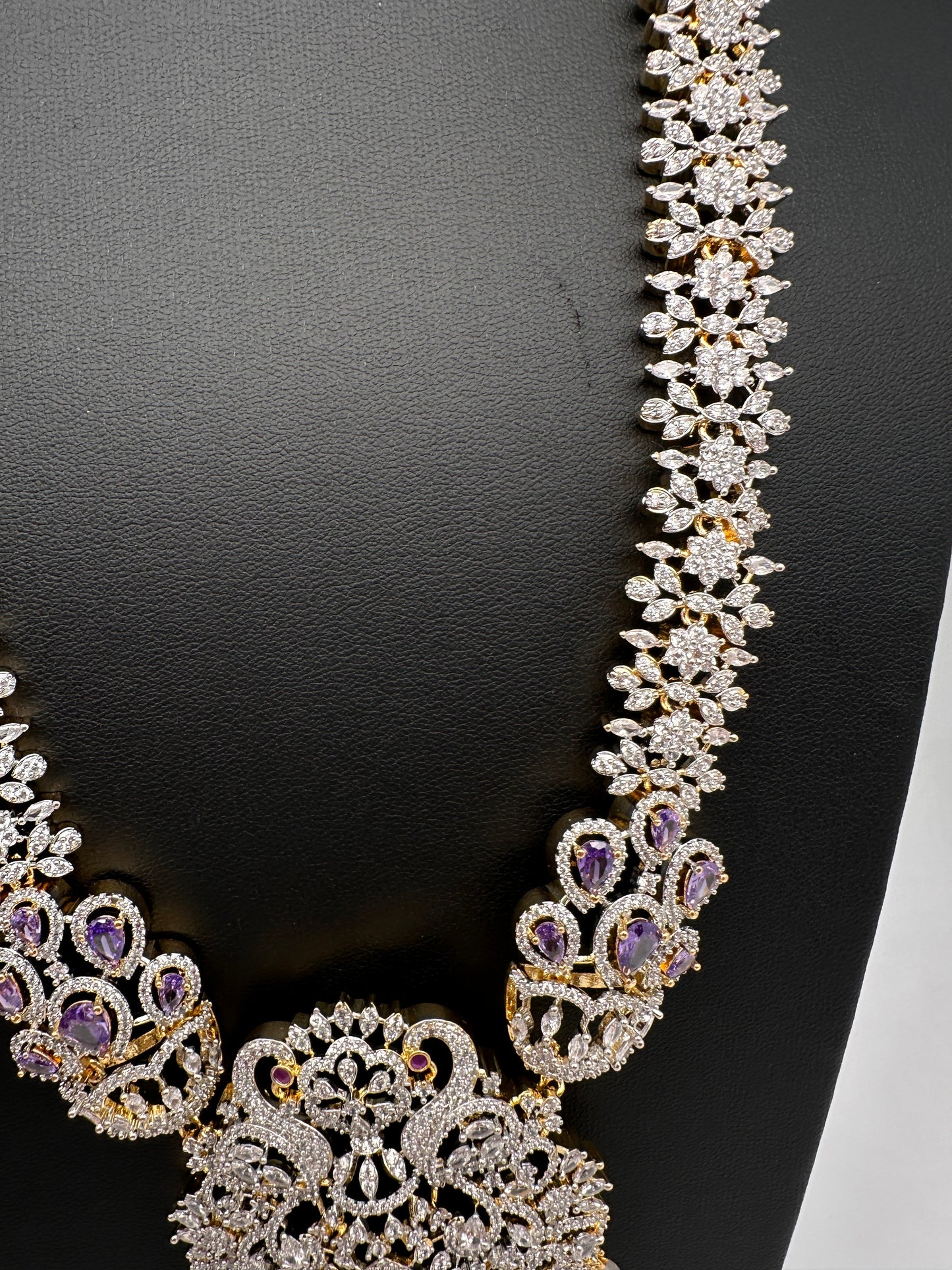 AD  Diamond Finish Color Stone Long Necklace - Purple