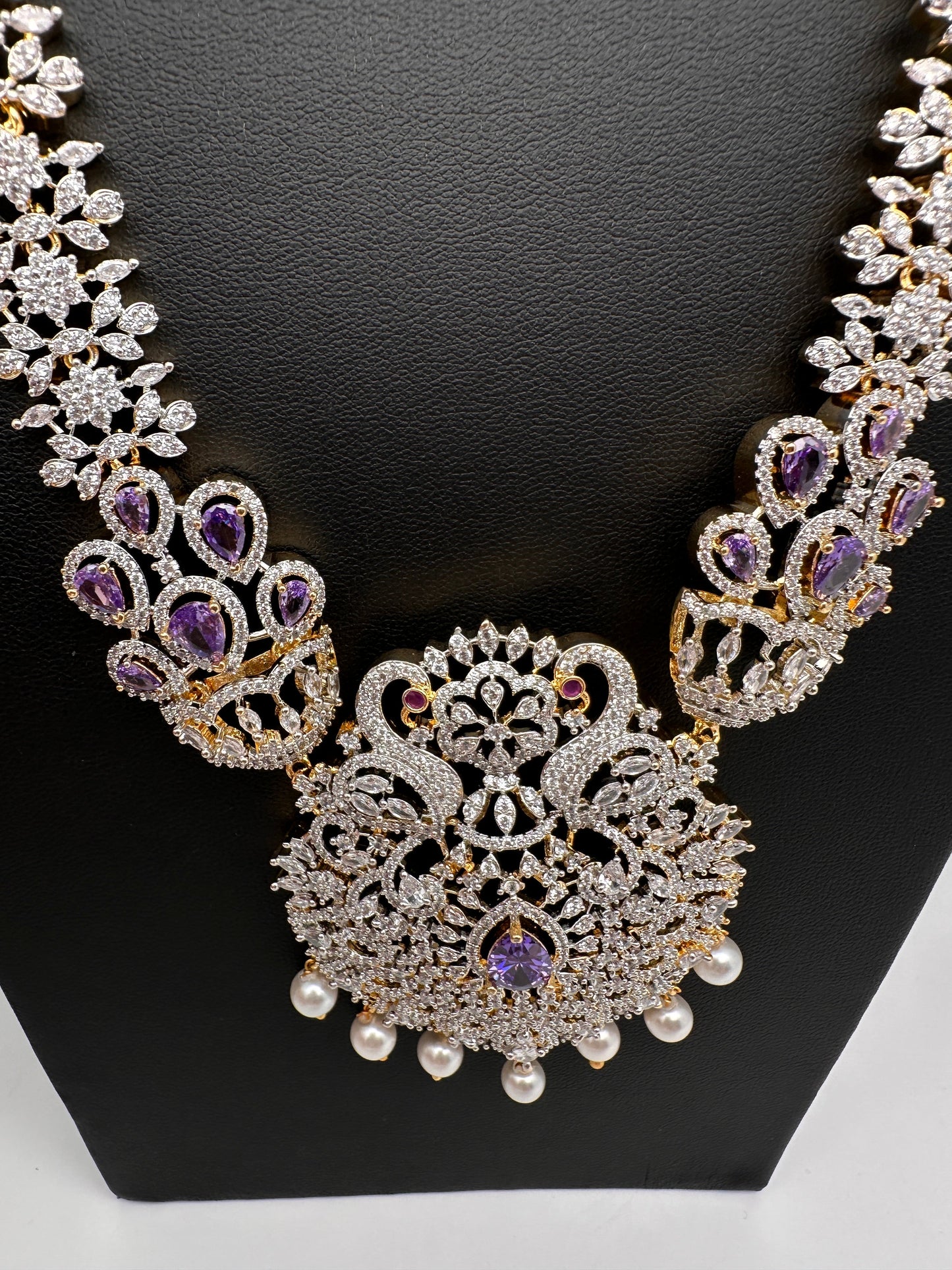 AD  Diamond Finish Color Stone Long Necklace - Purple