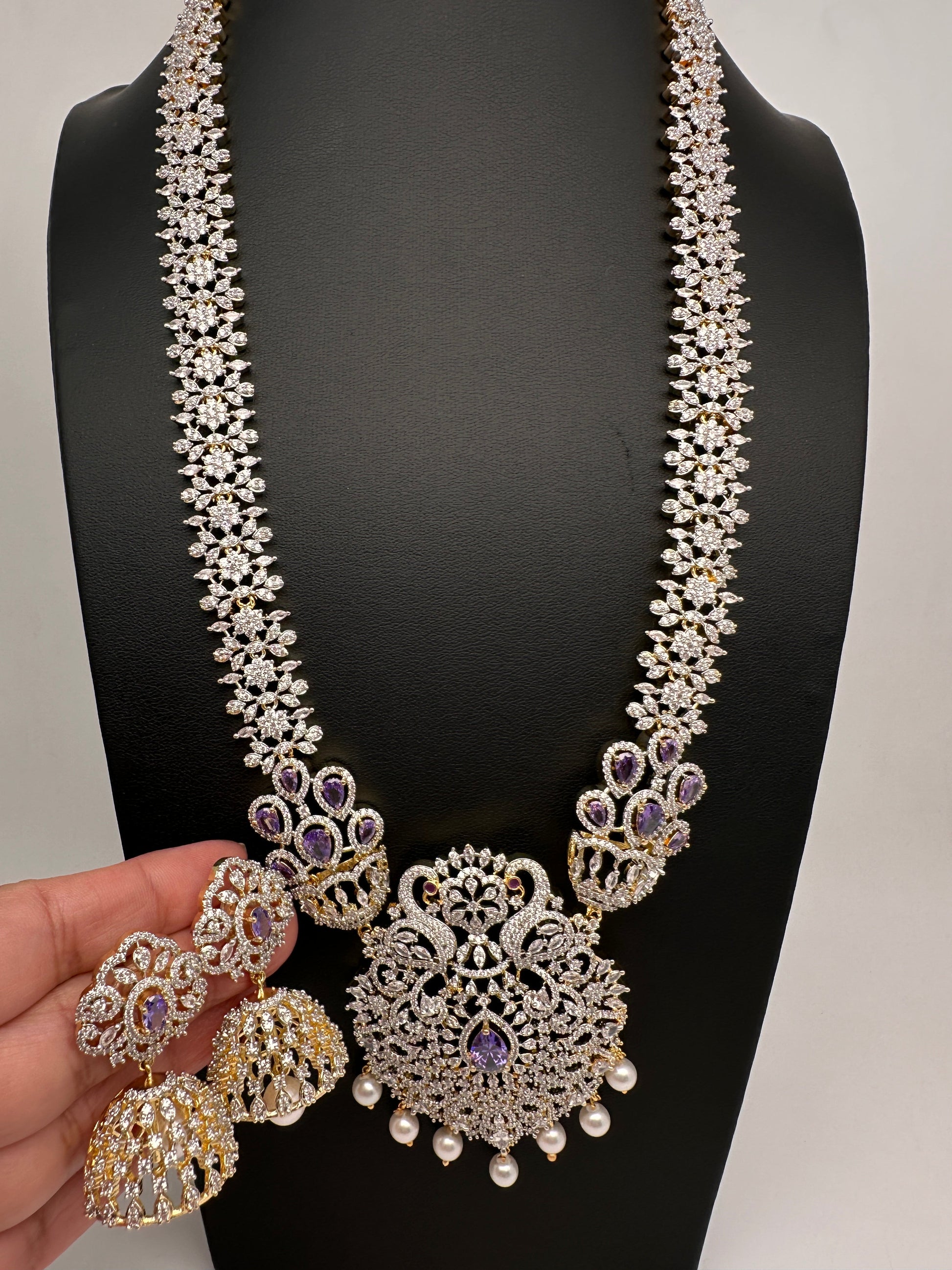 AD  Diamond Finish Color Stone Long Necklace - Purple
