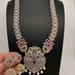 AD  Diamond Finish Color Stone Long Necklace - Red