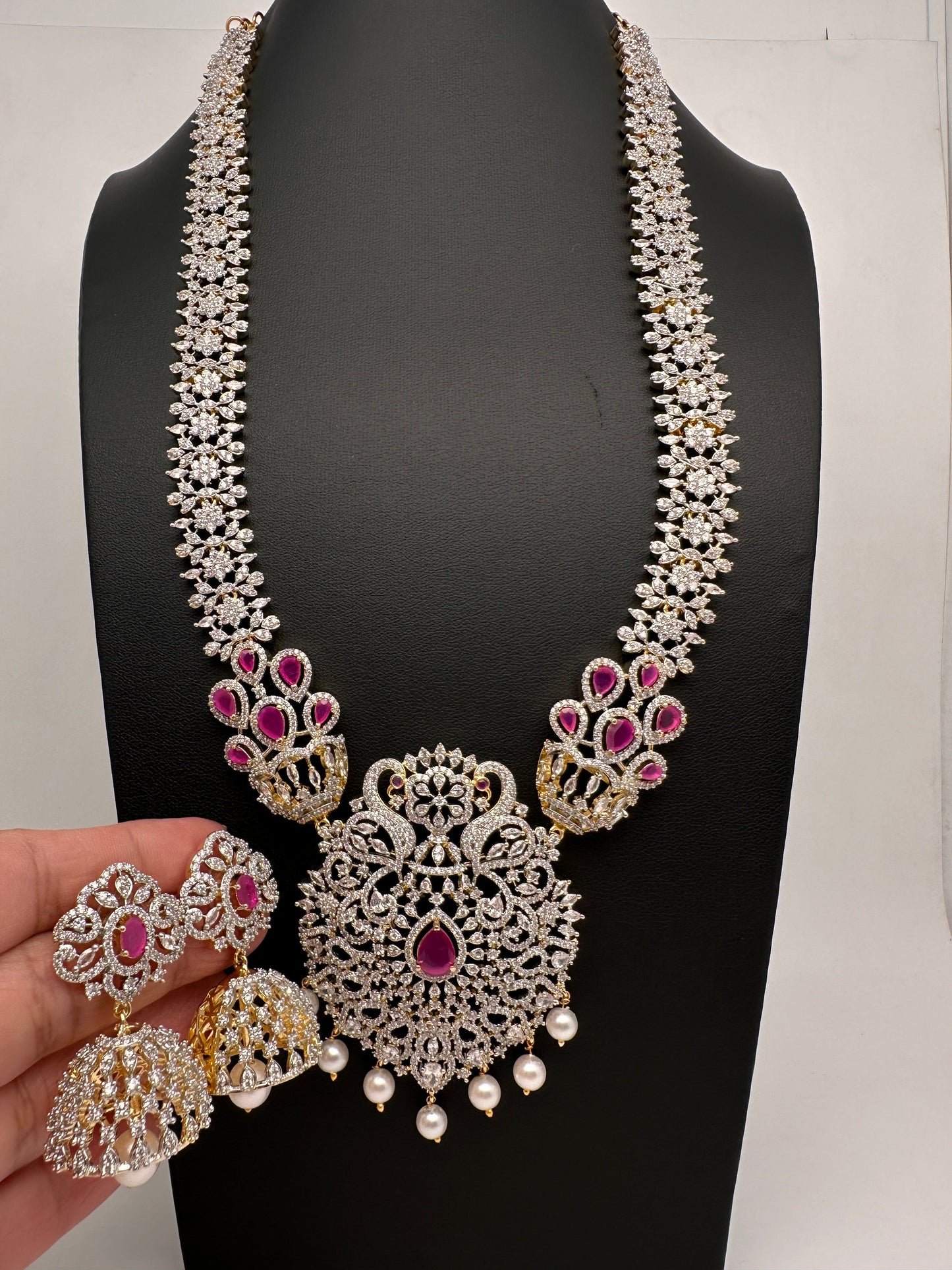 AD  Diamond Finish Color Stone Long Necklace - Red