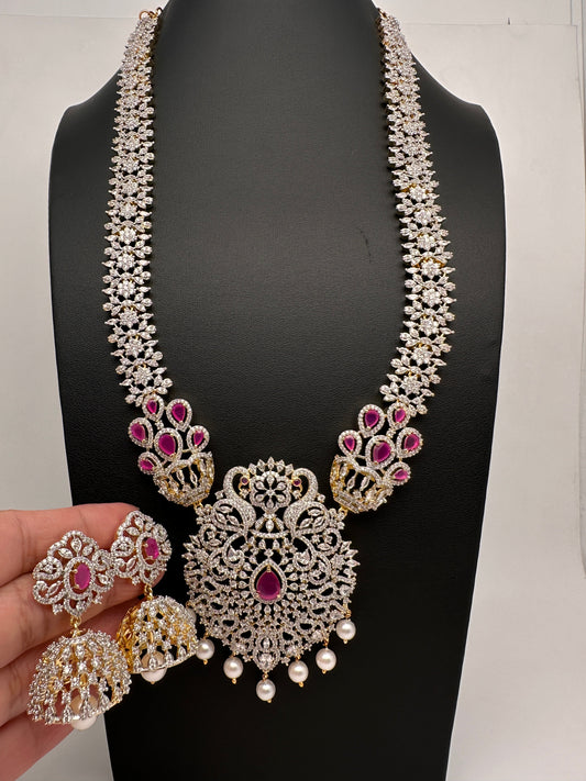 AD  Diamond Finish Color Stone Long Necklace - Red