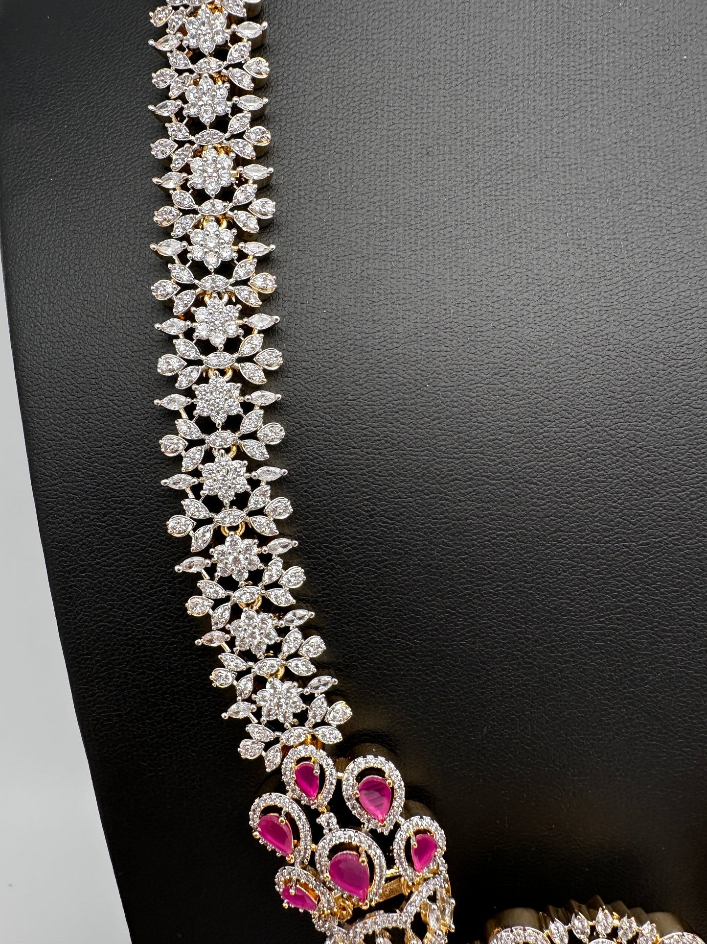 AD  Diamond Finish Color Stone Long Necklace - Red