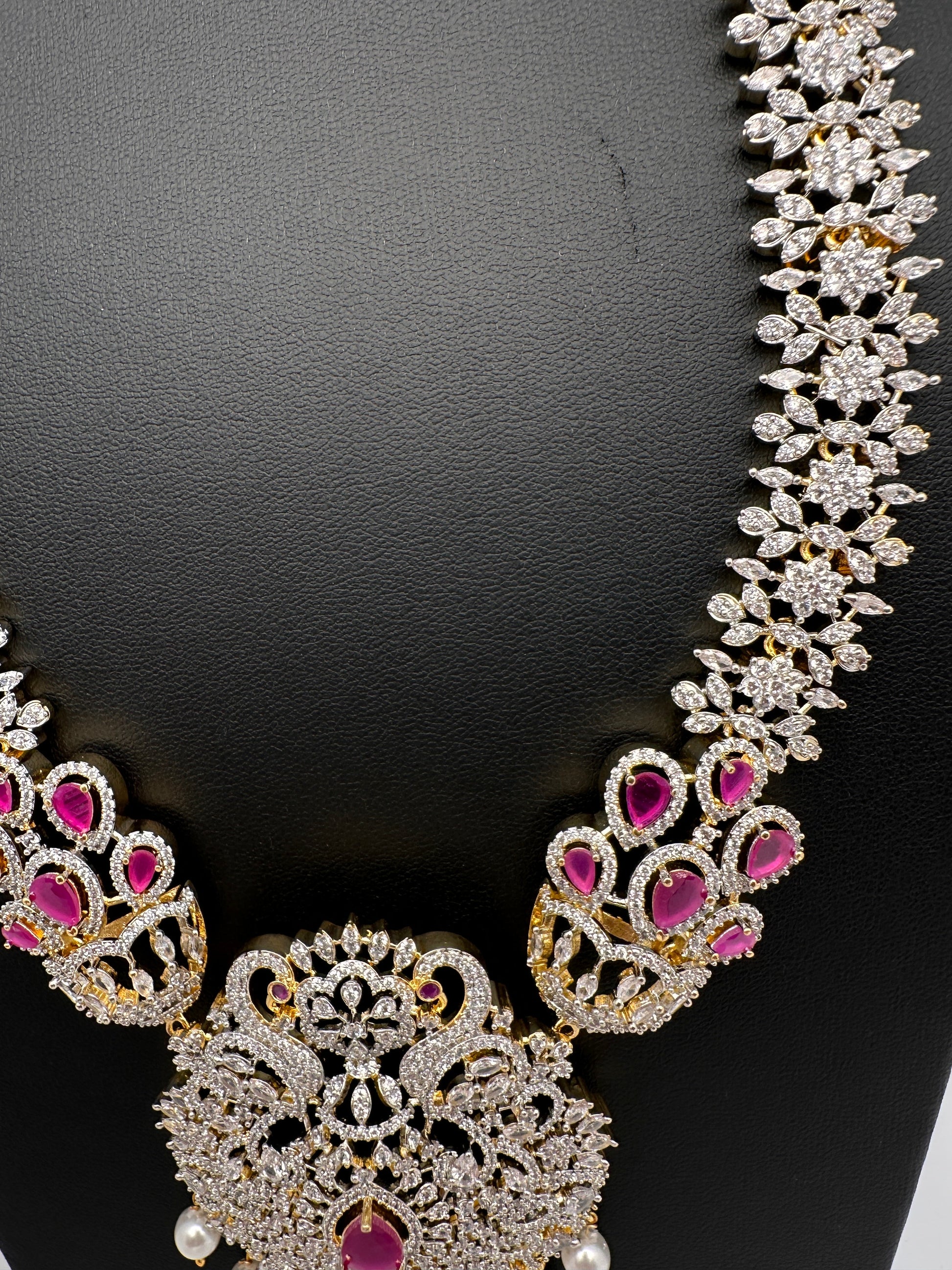 AD  Diamond Finish Color Stone Long Necklace - Red