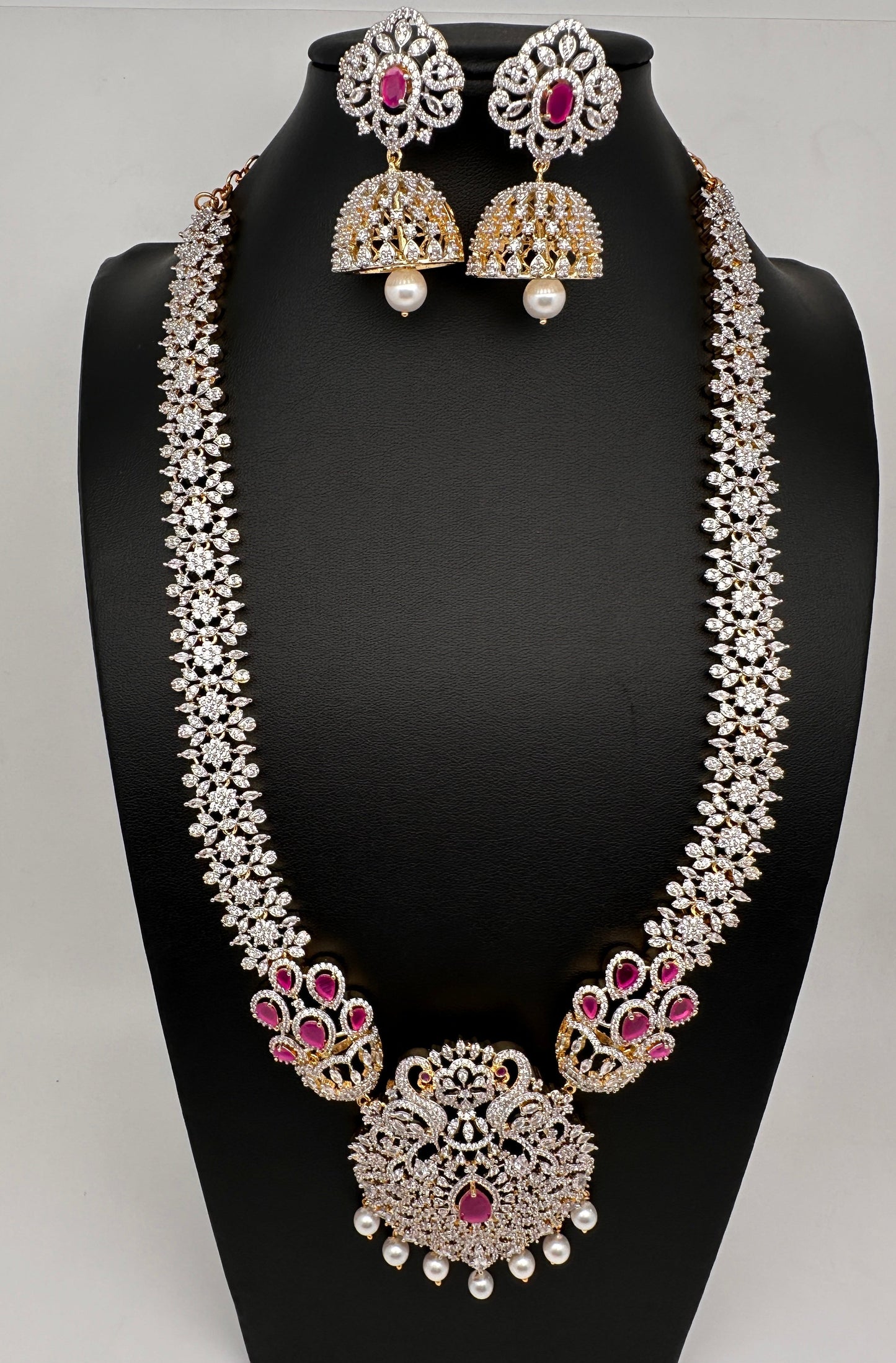 AD  Diamond Finish Color Stone Long Necklace - Red