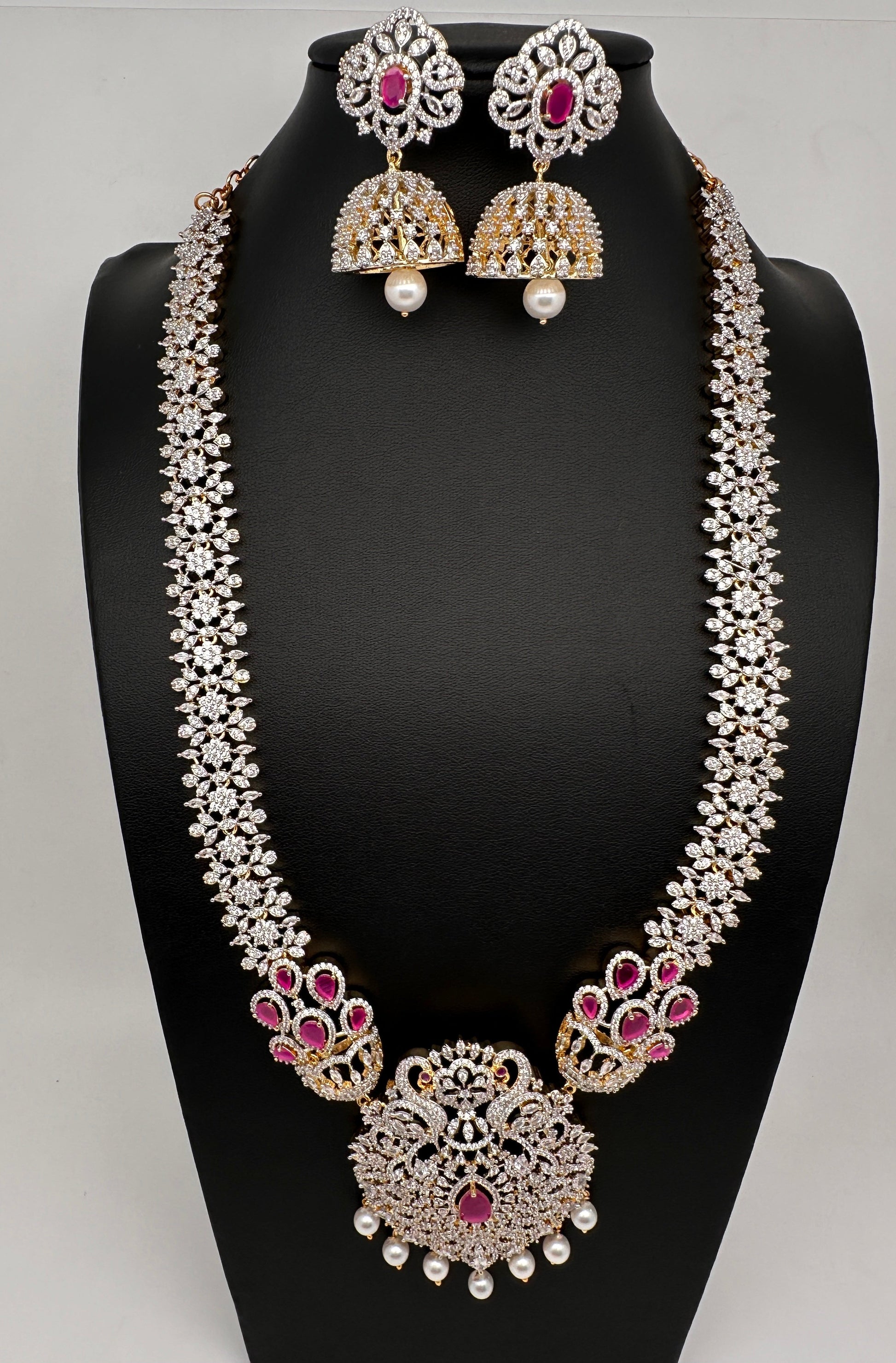AD  Diamond Finish Color Stone Long Necklace - Red