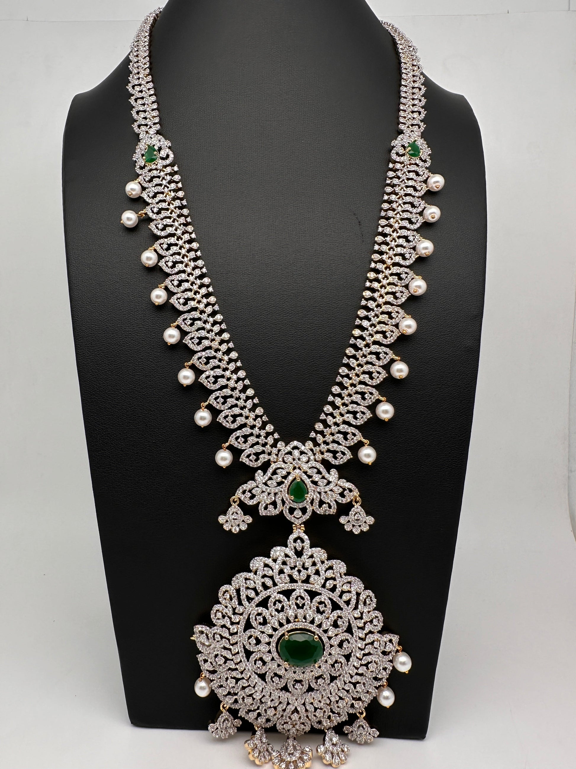 AD  Diamond Finish Color Stone Long Necklace - Green