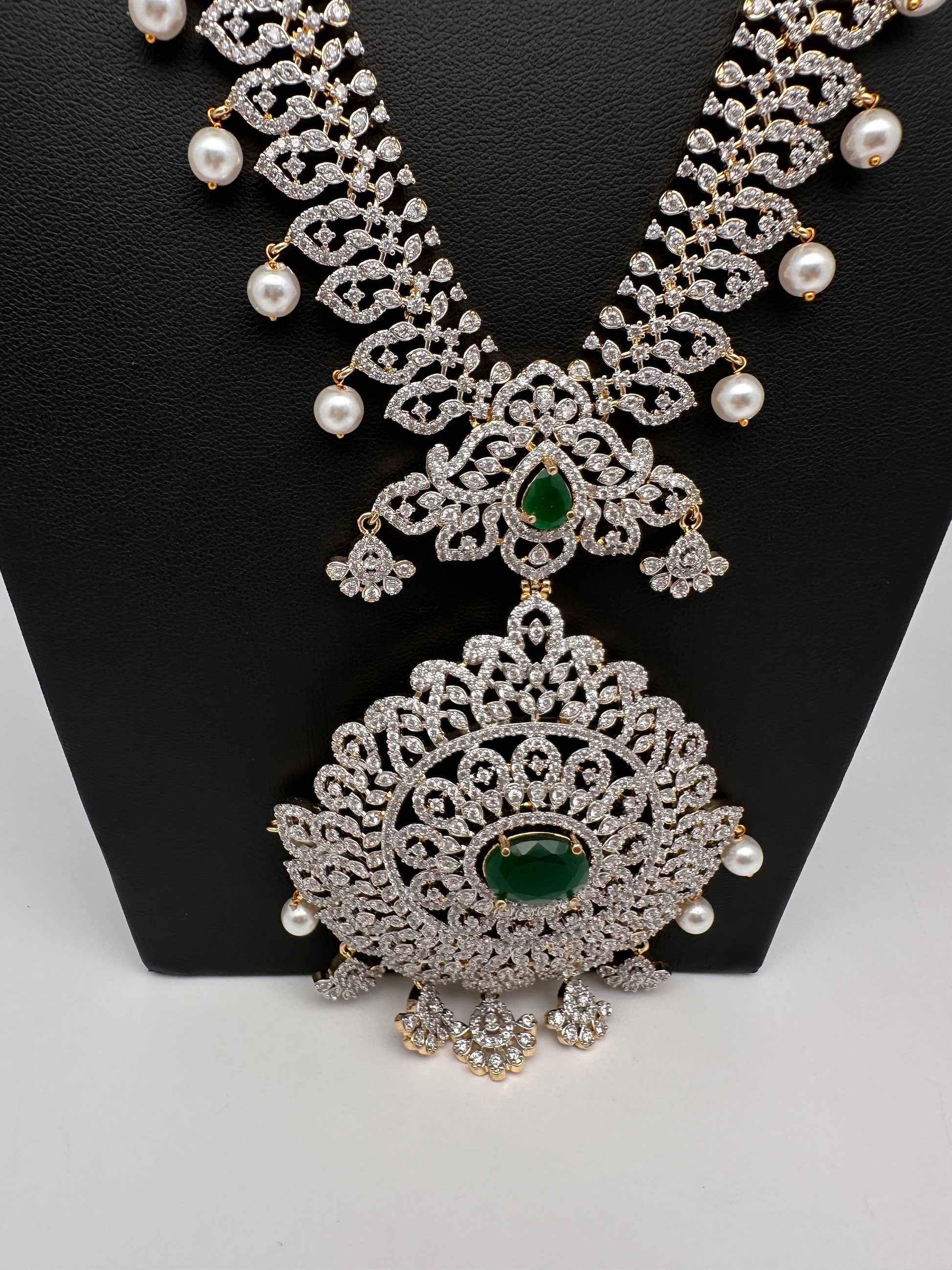 AD  Diamond Finish Color Stone Long Necklace - Green