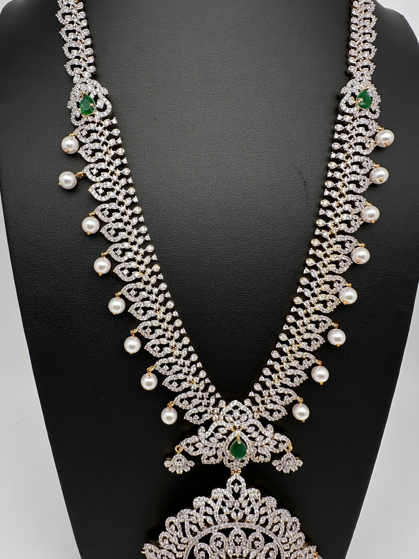 AD  Diamond Finish Color Stone Long Necklace - Green