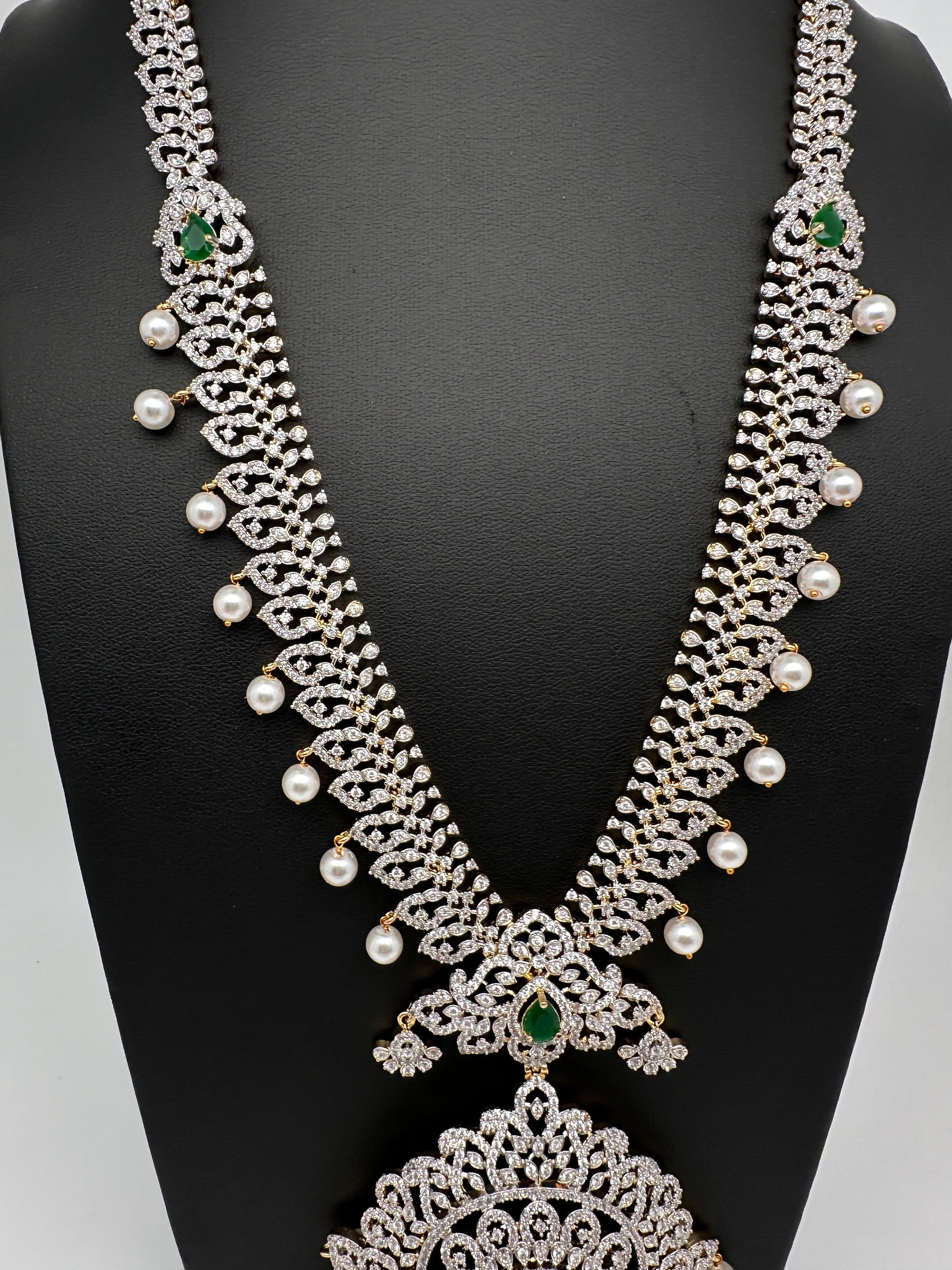 AD  Diamond Finish Color Stone Long Necklace - Green
