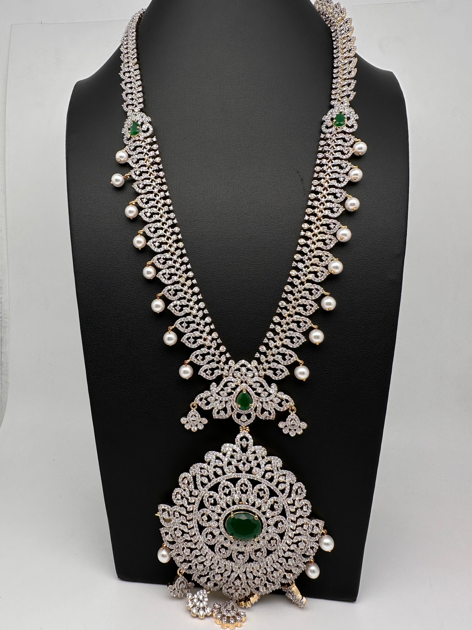 AD  Diamond Finish Color Stone Long Necklace - Green