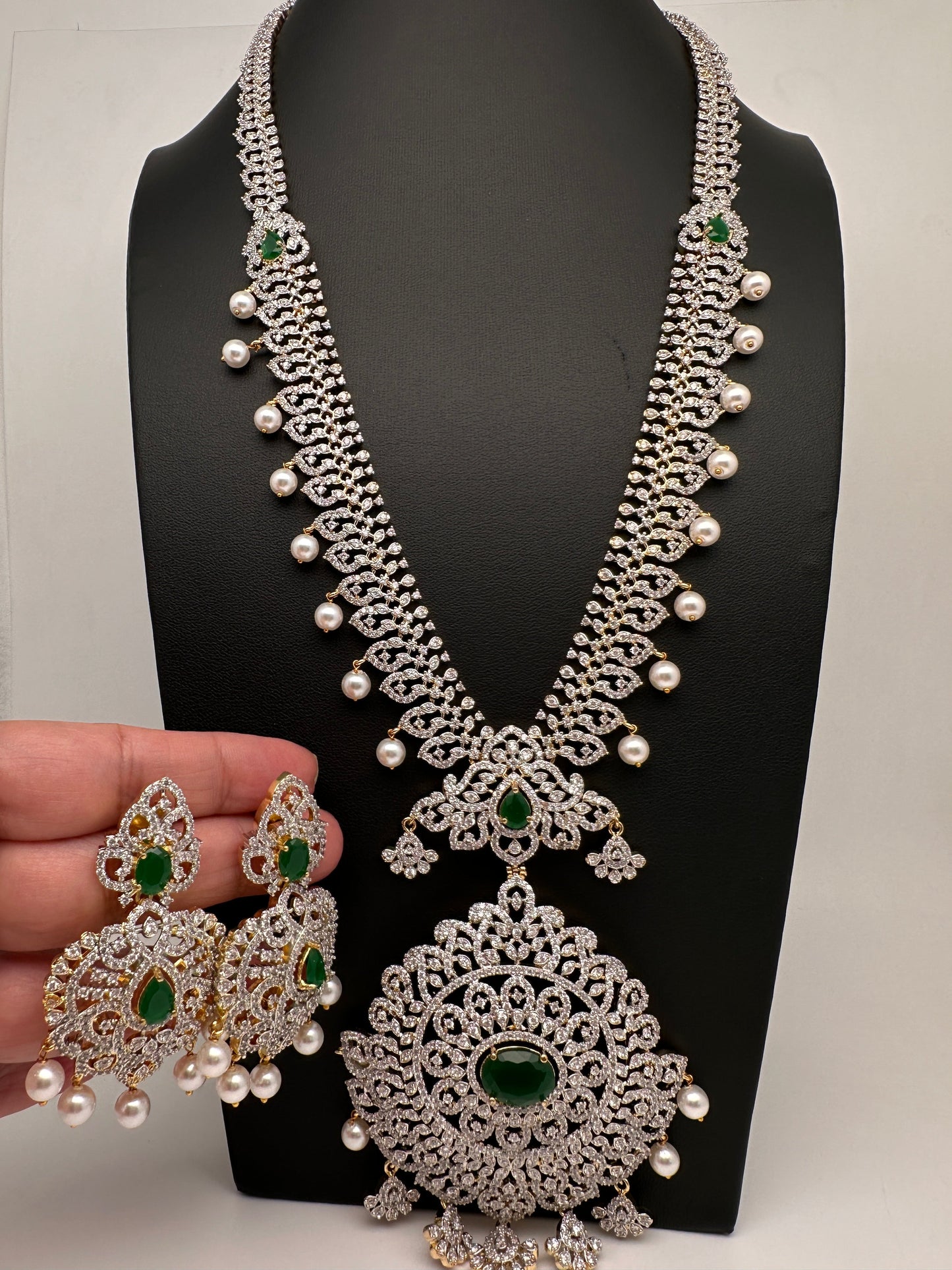 AD  Diamond Finish Color Stone Long Necklace - Green