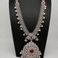 AD  Diamond Finish Color Stone Long Necklace - Red