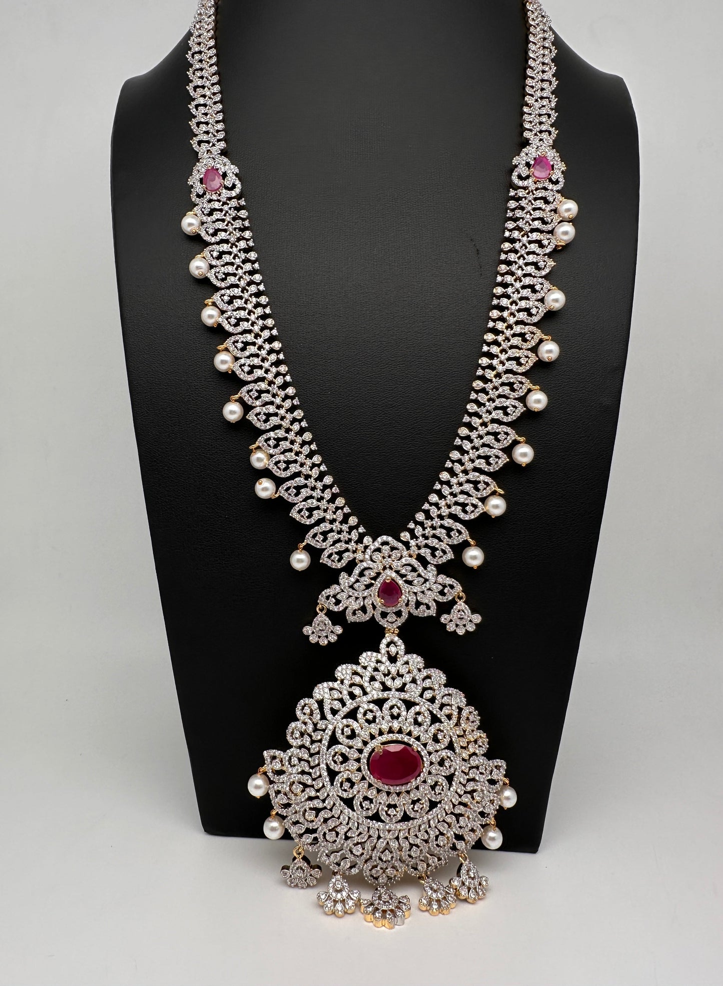 AD  Diamond Finish Color Stone Long Necklace - Red