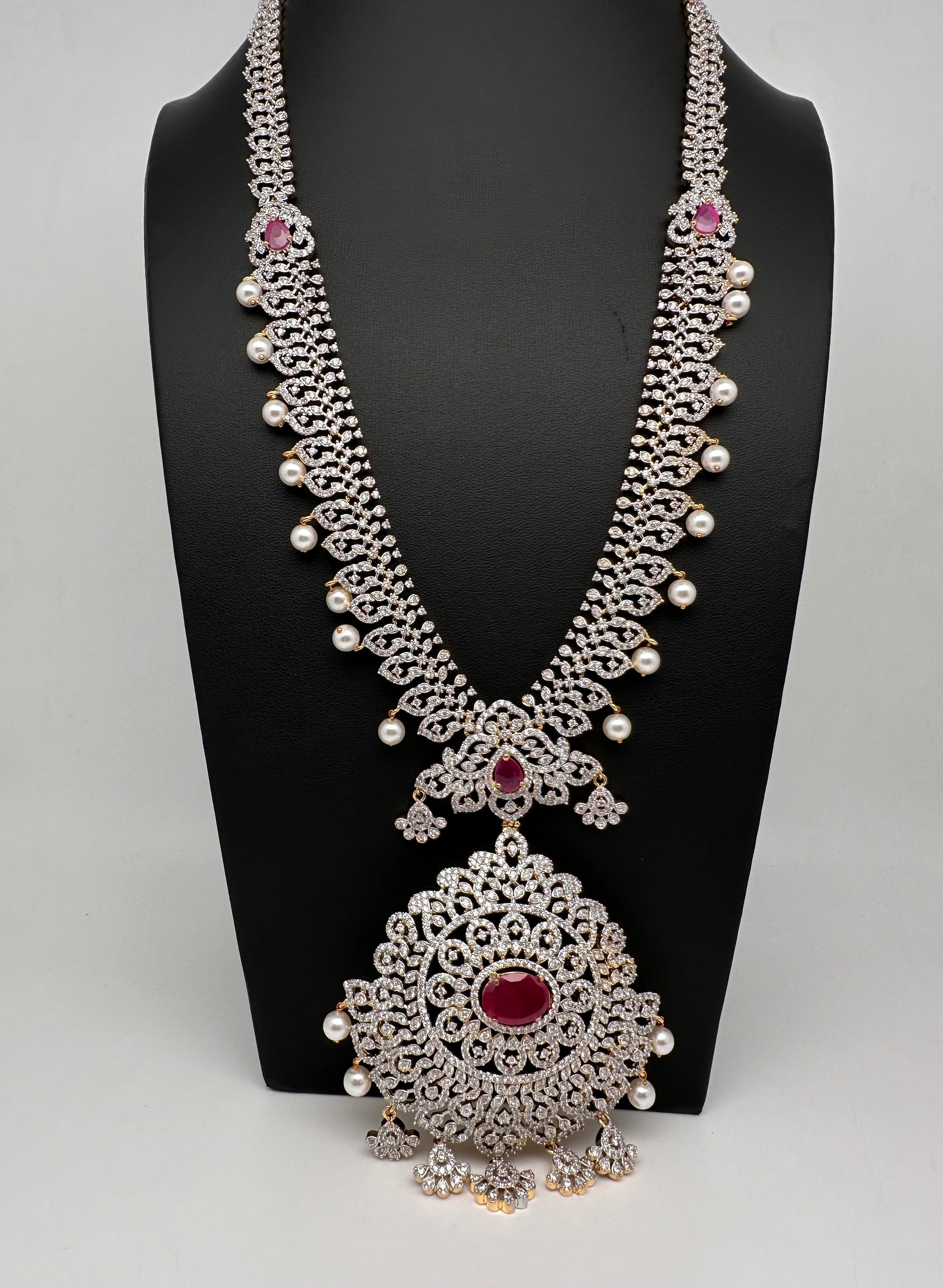 AD  Diamond Finish Color Stone Long Necklace - Red