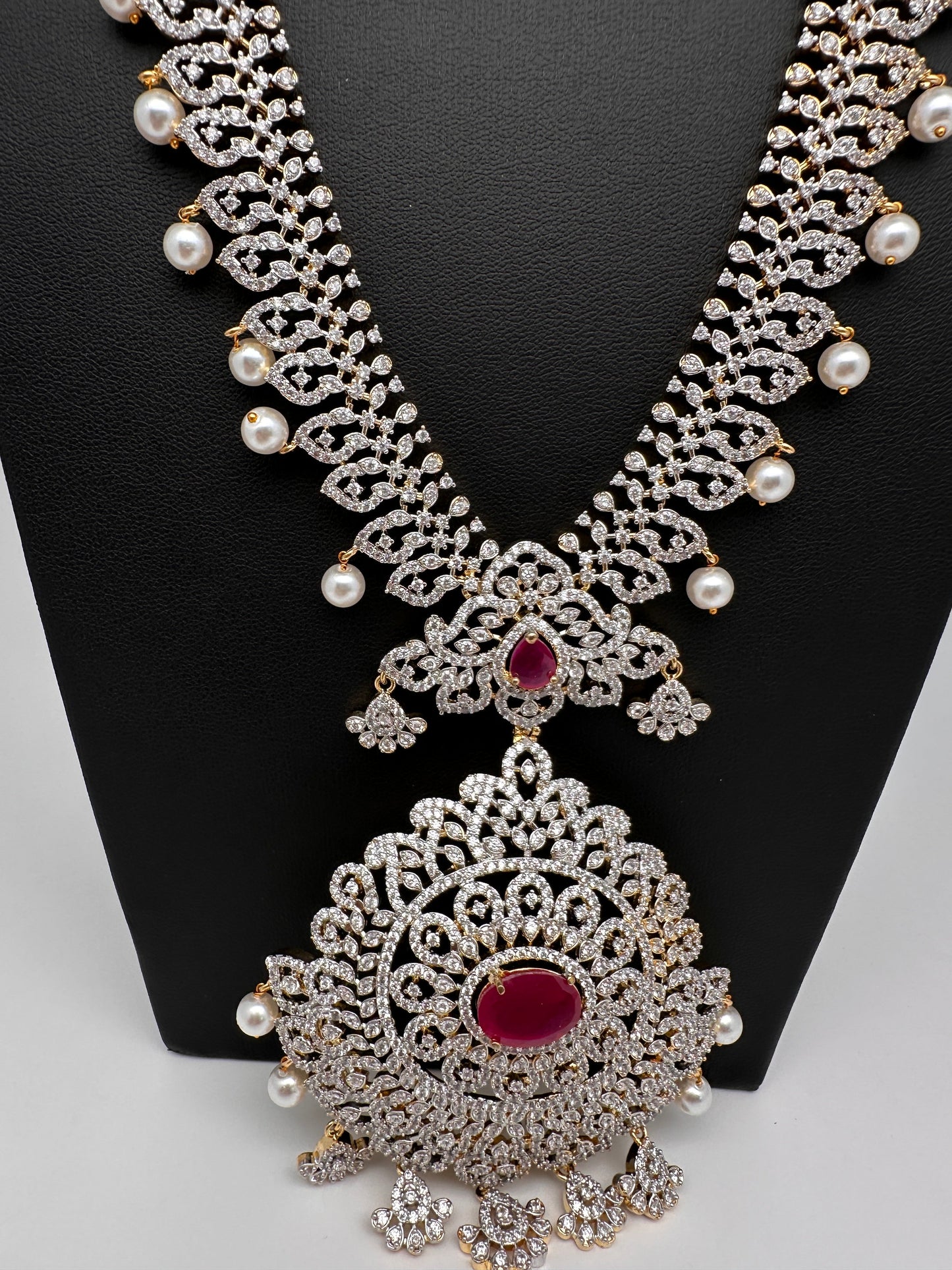 AD  Diamond Finish Color Stone Long Necklace - Red