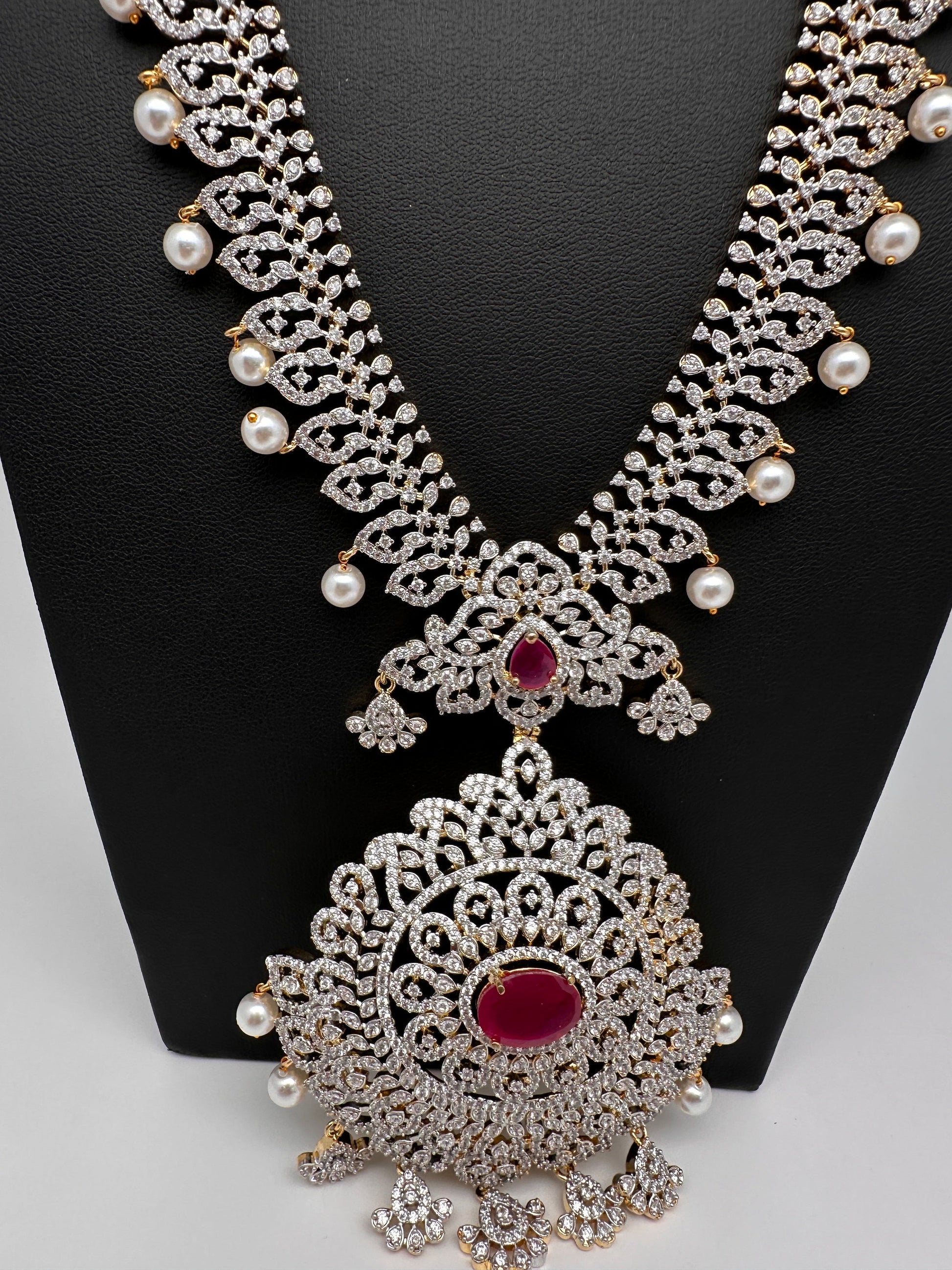 AD  Diamond Finish Color Stone Long Necklace - Red