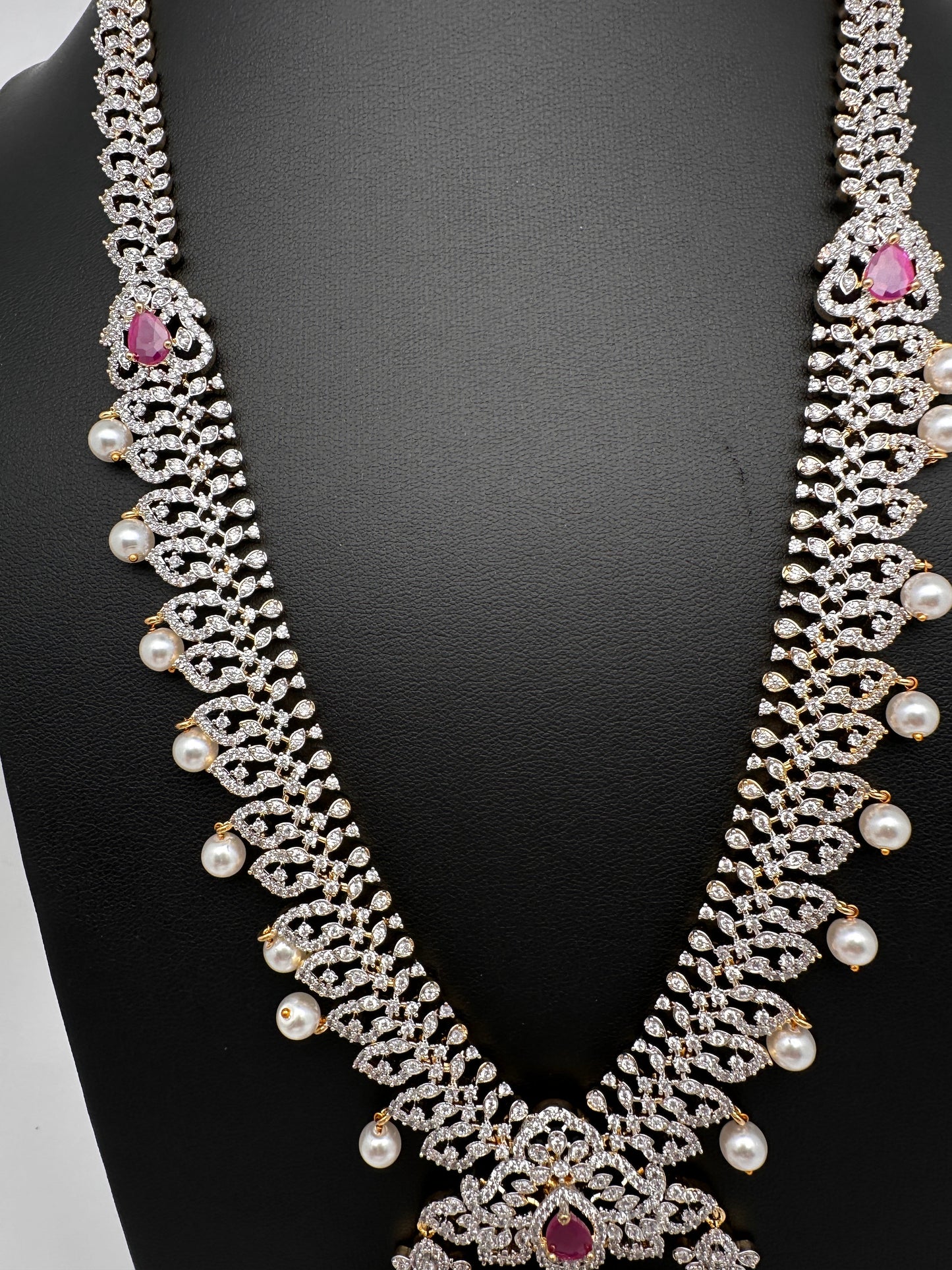 AD  Diamond Finish Color Stone Long Necklace - Red