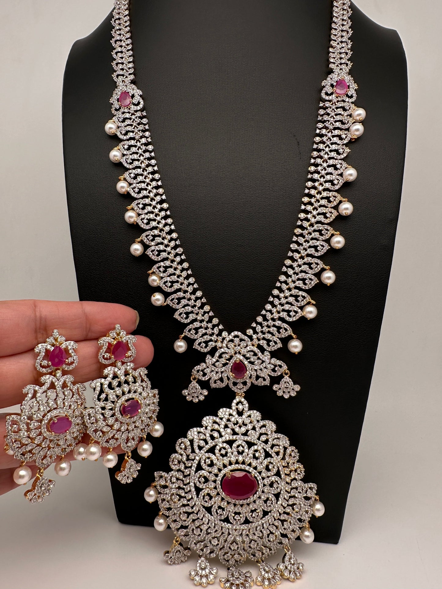 AD  Diamond Finish Color Stone Long Necklace - Red