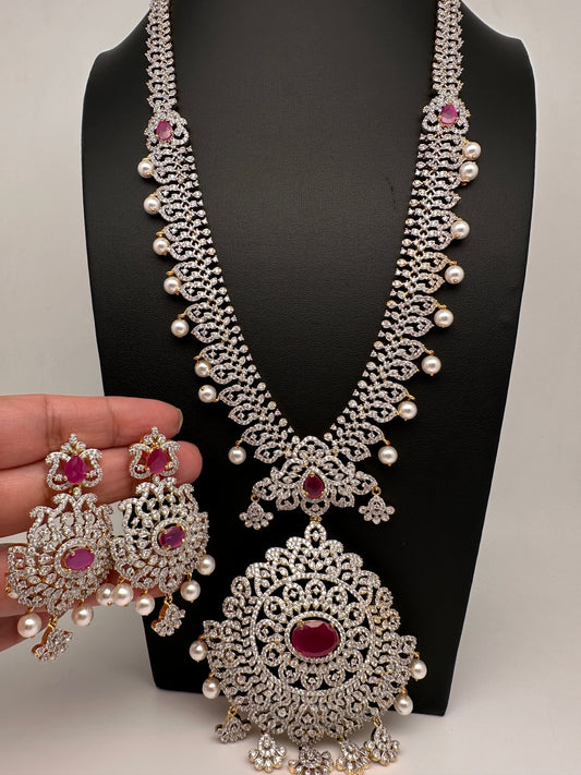 AD  Diamond Finish Color Stone Long Necklace - Red