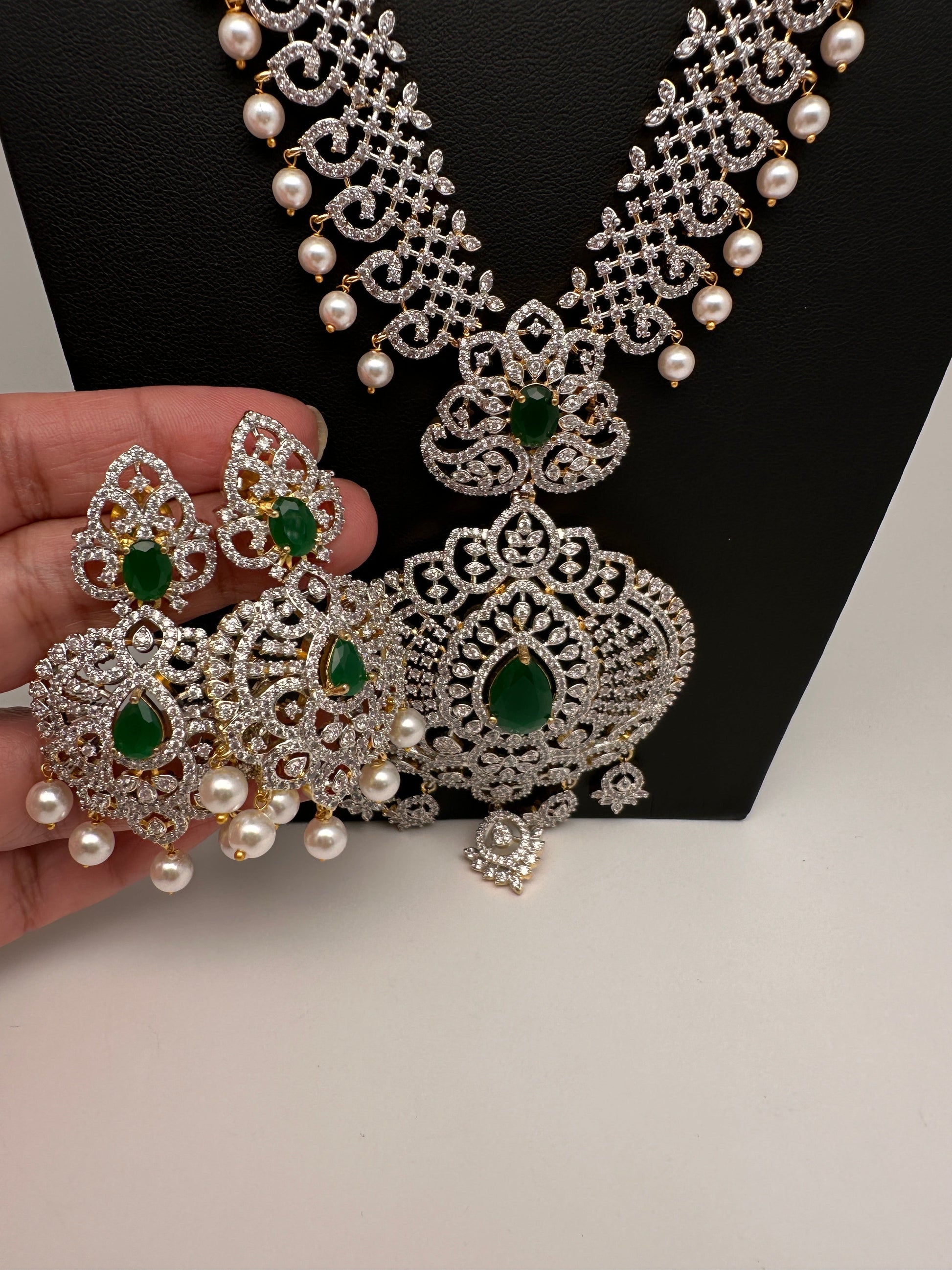 AD  Diamond Finish Color Stone Long Necklace - Green