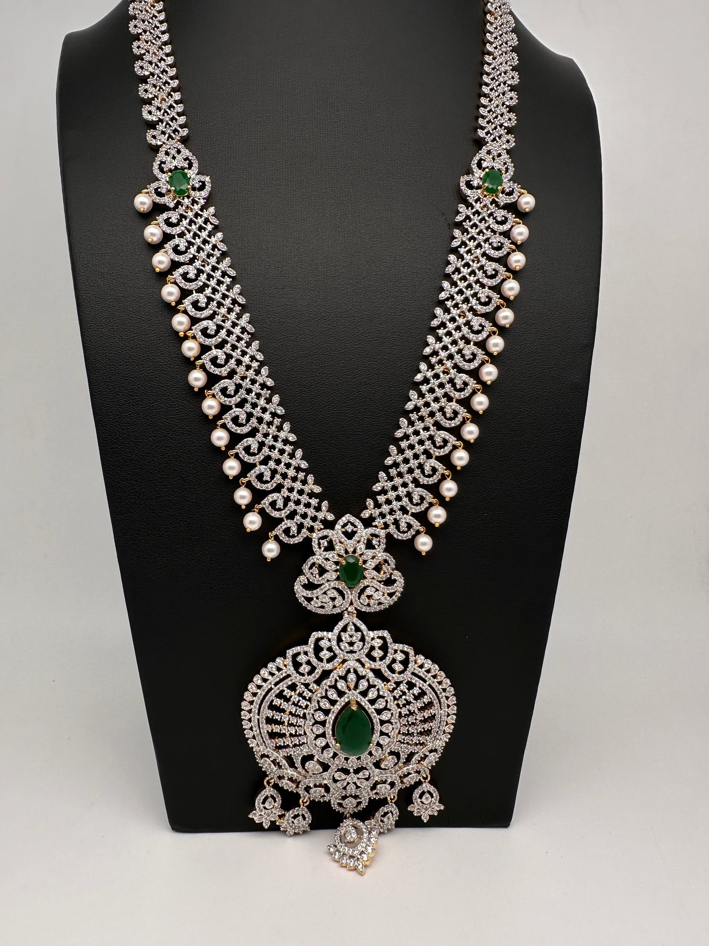 AD  Diamond Finish Color Stone Long Necklace - Green