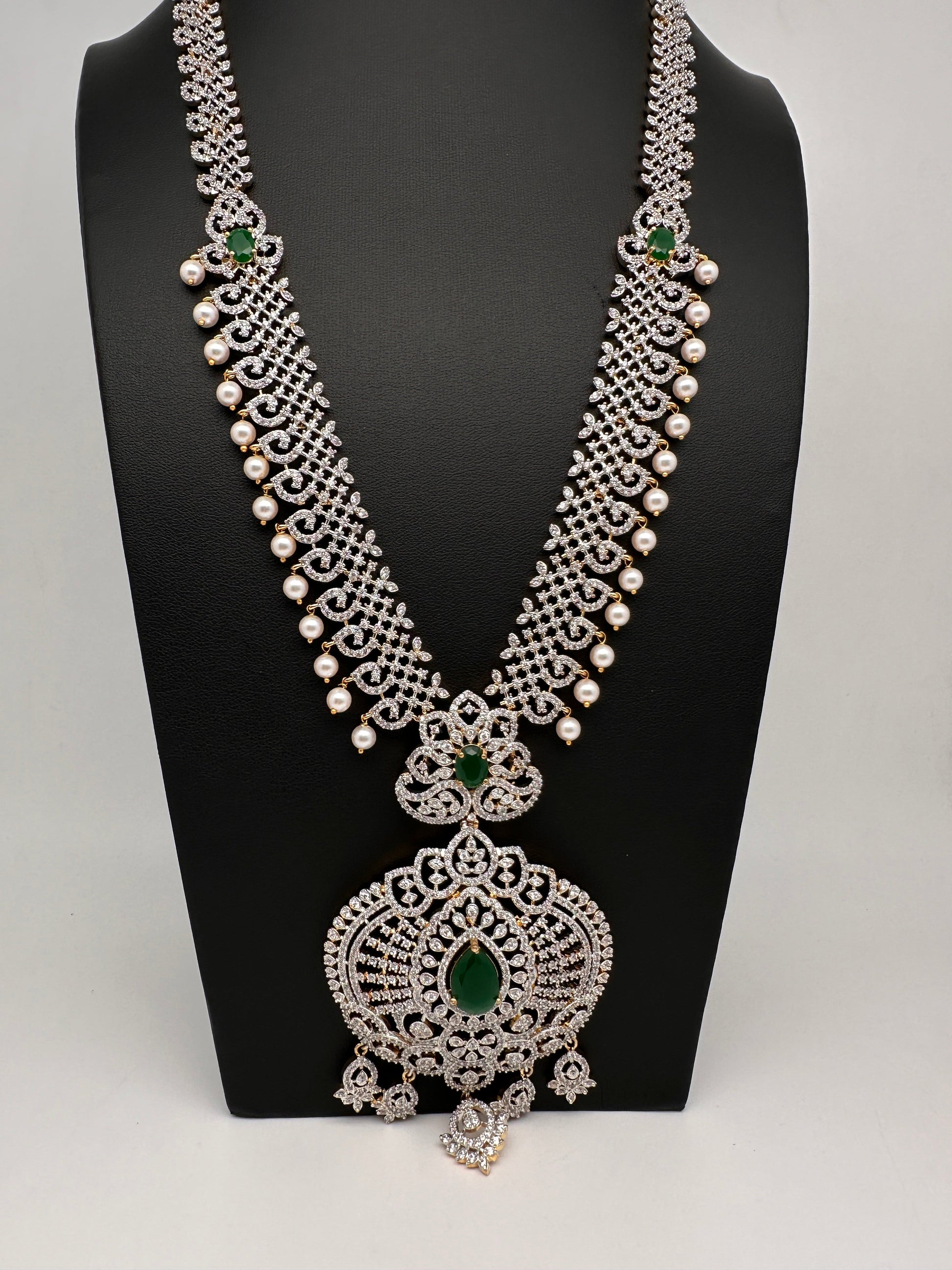 AD  Diamond Finish Color Stone Long Necklace - Green