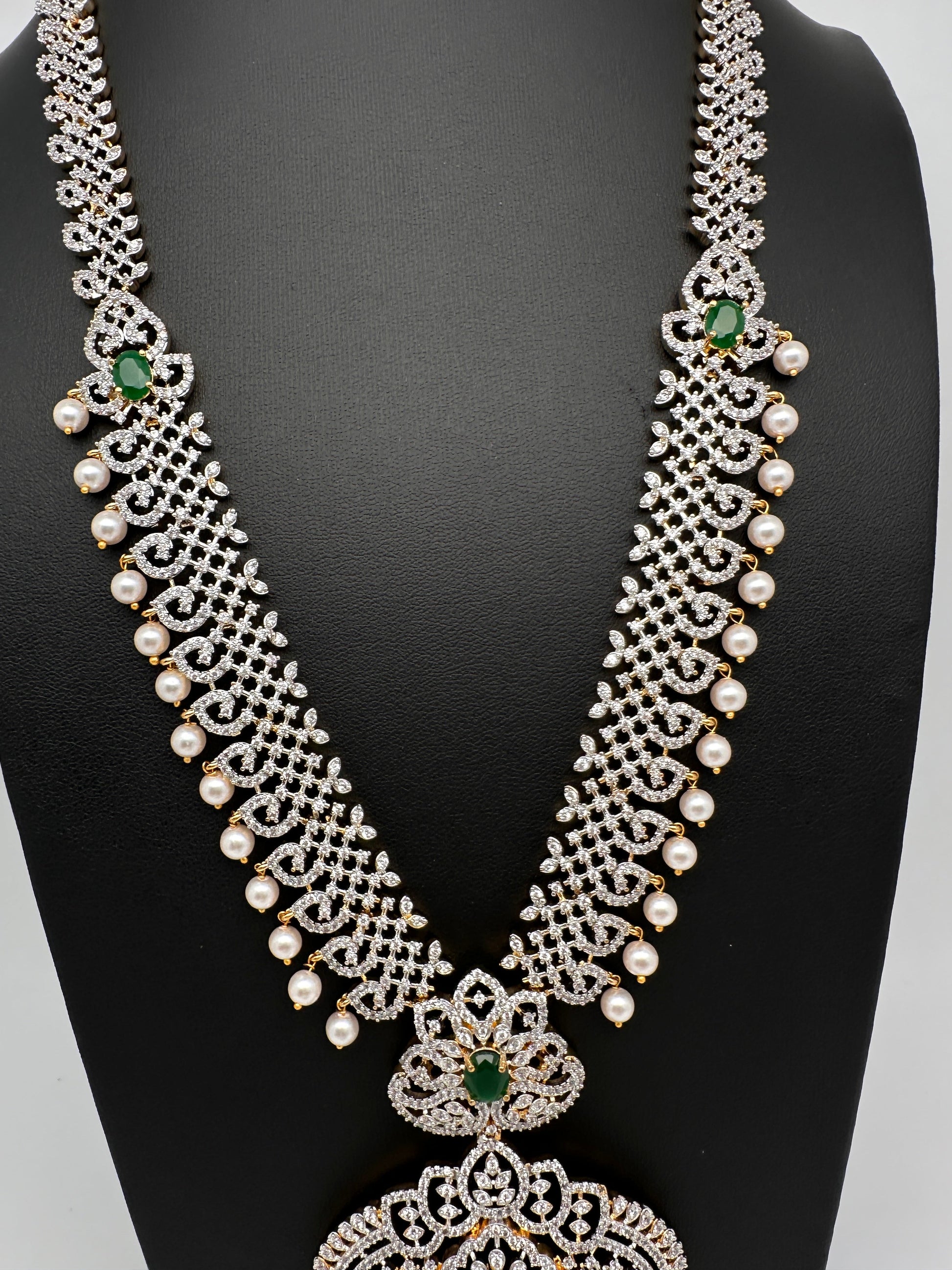 AD  Diamond Finish Color Stone Long Necklace - Green