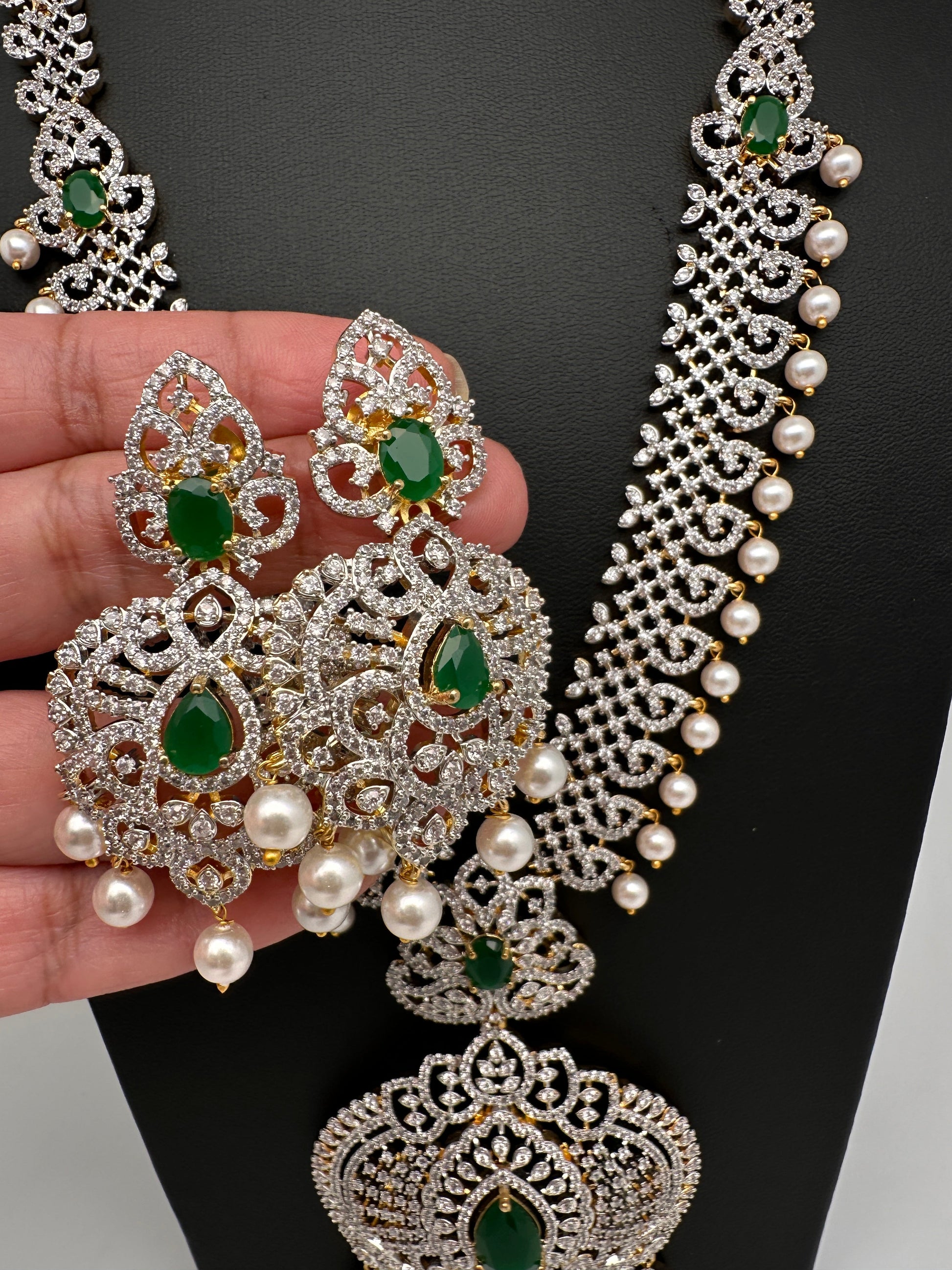 AD  Diamond Finish Color Stone Long Necklace - Green