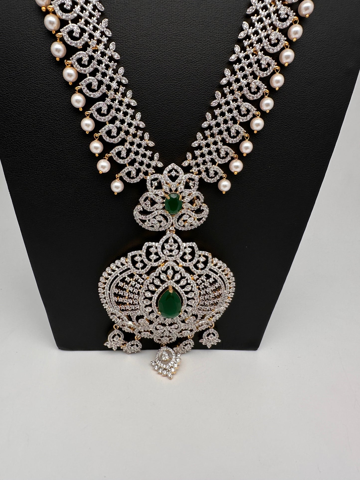 AD  Diamond Finish Color Stone Long Necklace - Green