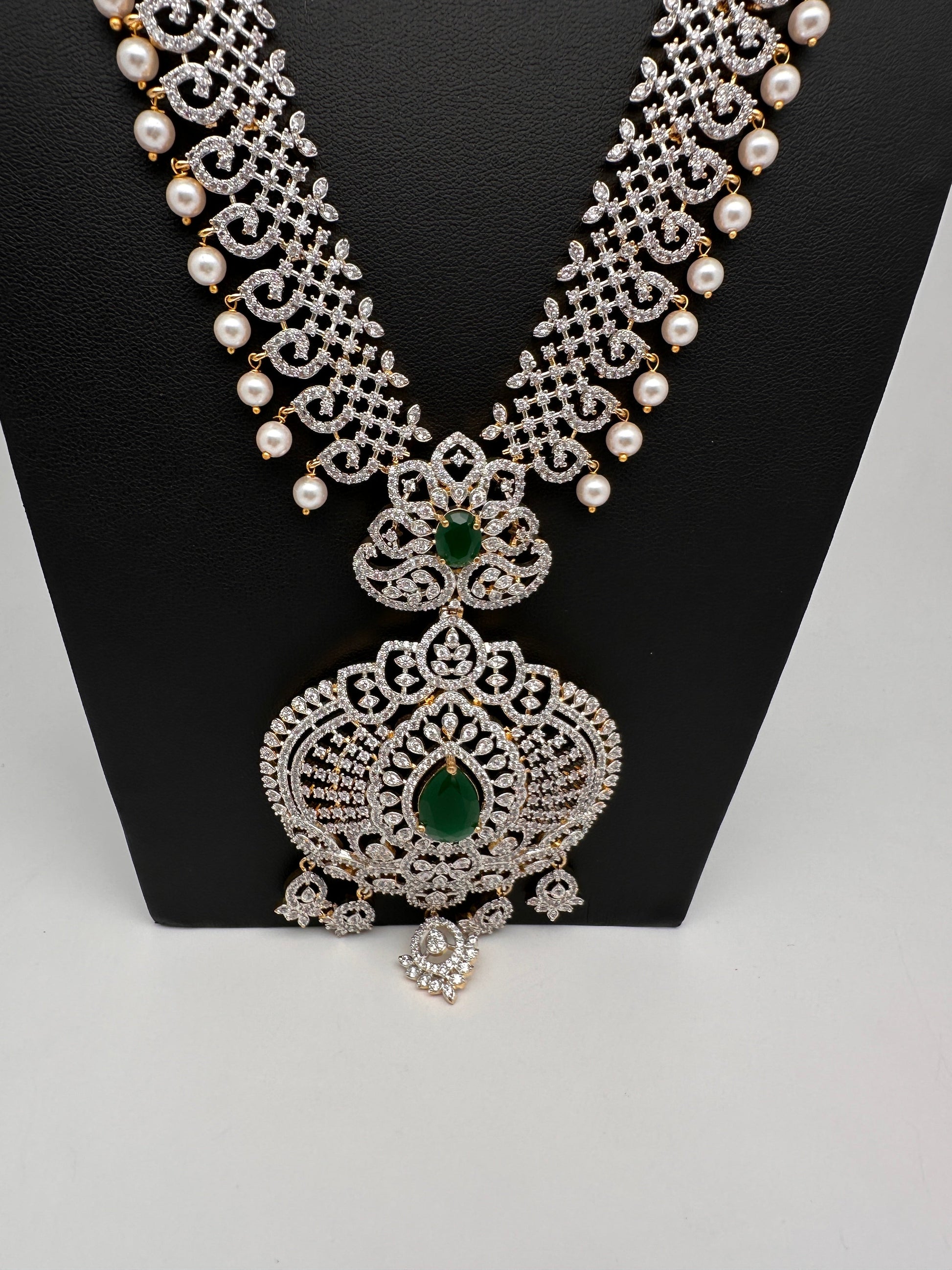 AD  Diamond Finish Color Stone Long Necklace - Green