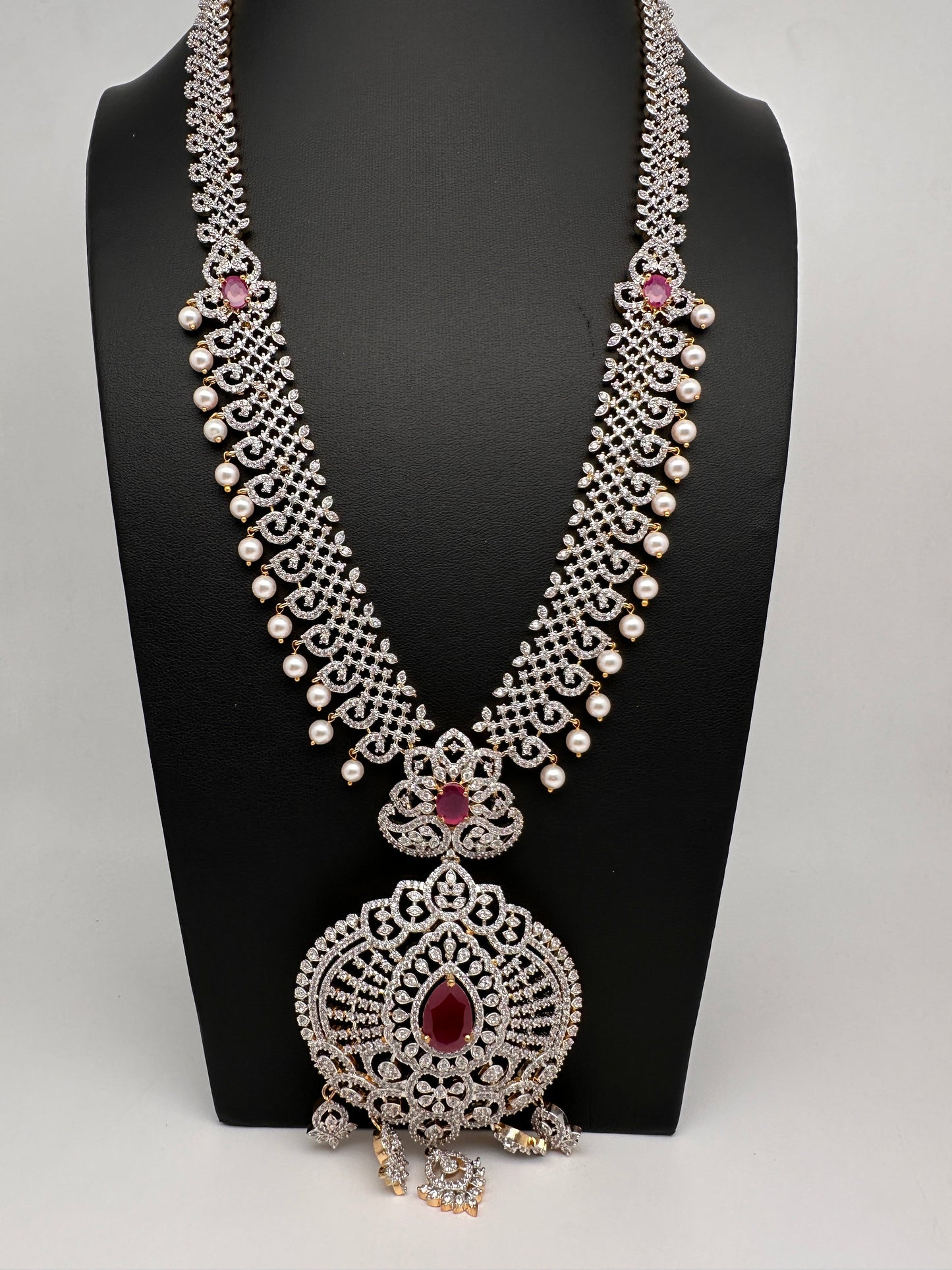 AD  Diamond Finish Color Stone Long Necklace - Red