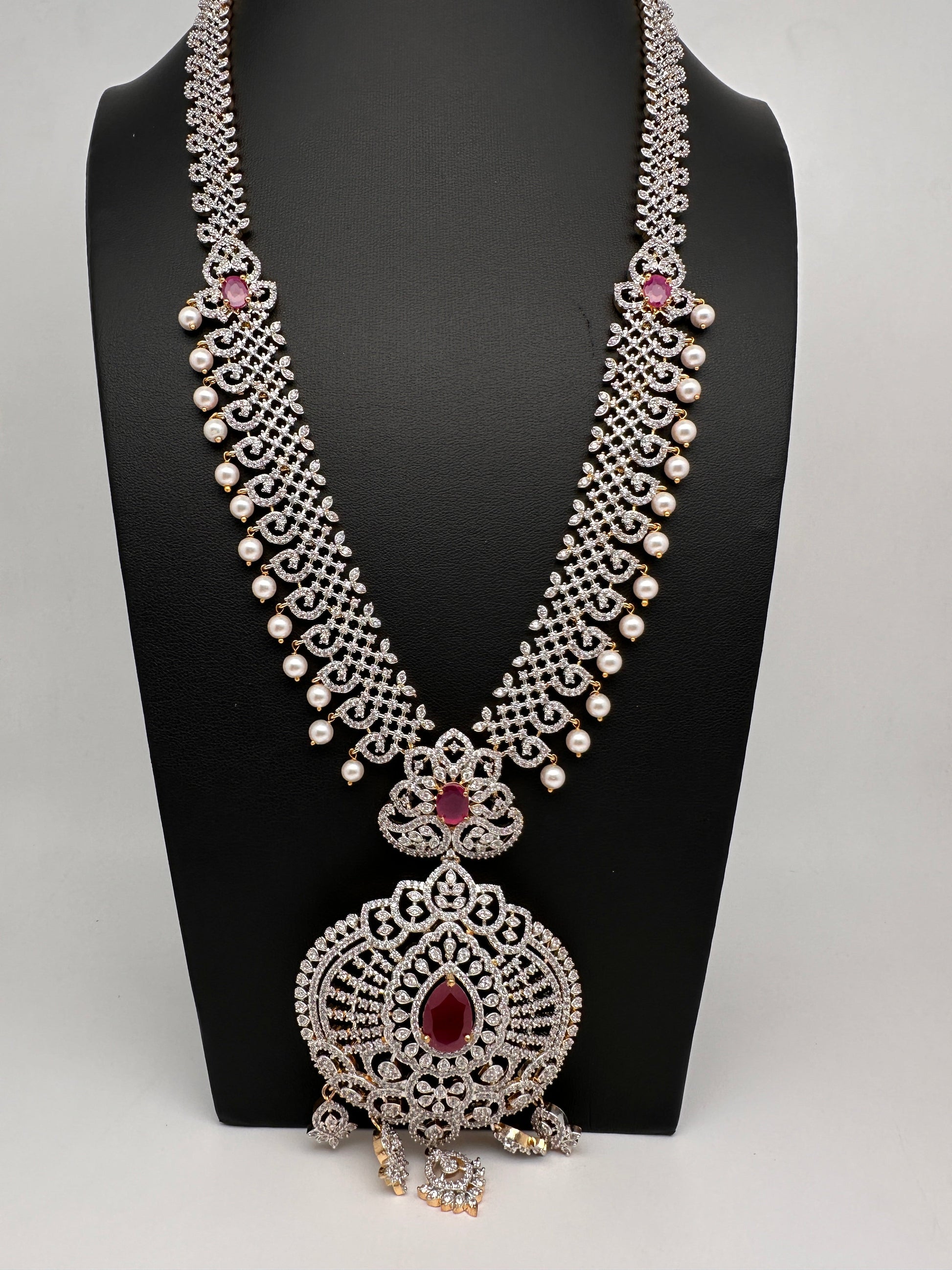 AD  Diamond Finish Color Stone Long Necklace - Red