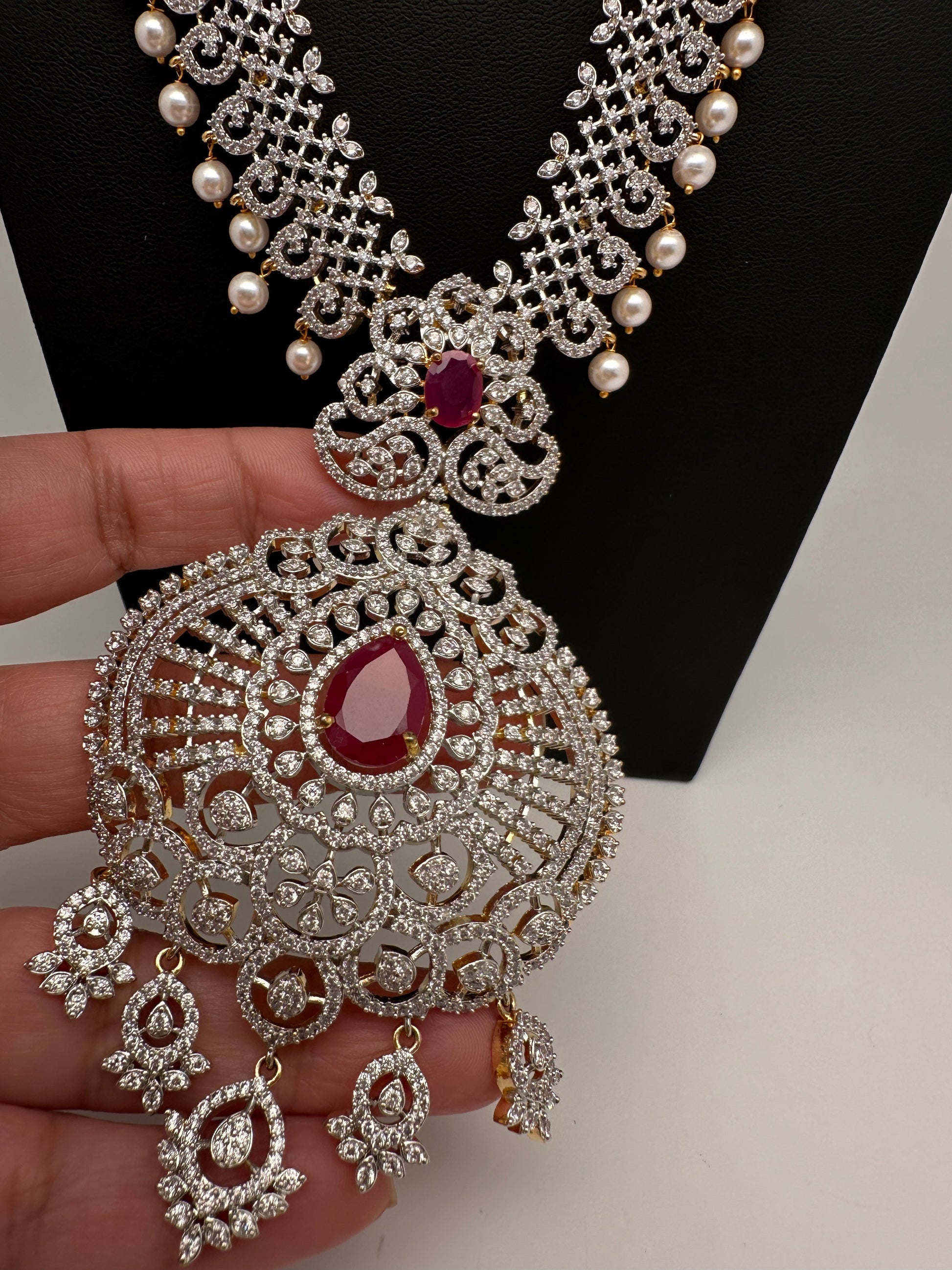 AD  Diamond Finish Color Stone Long Necklace - Red