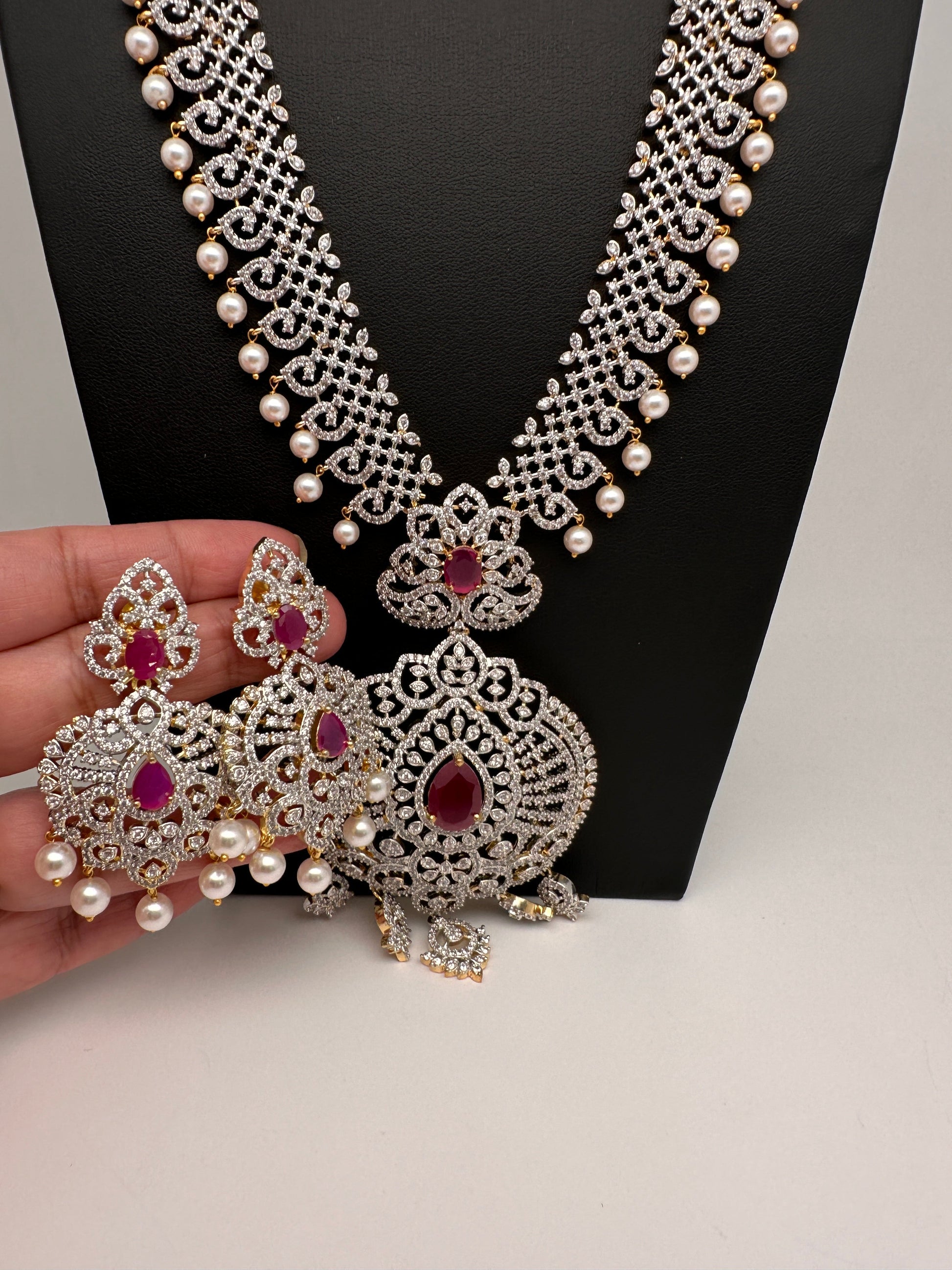 AD  Diamond Finish Color Stone Long Necklace - Red