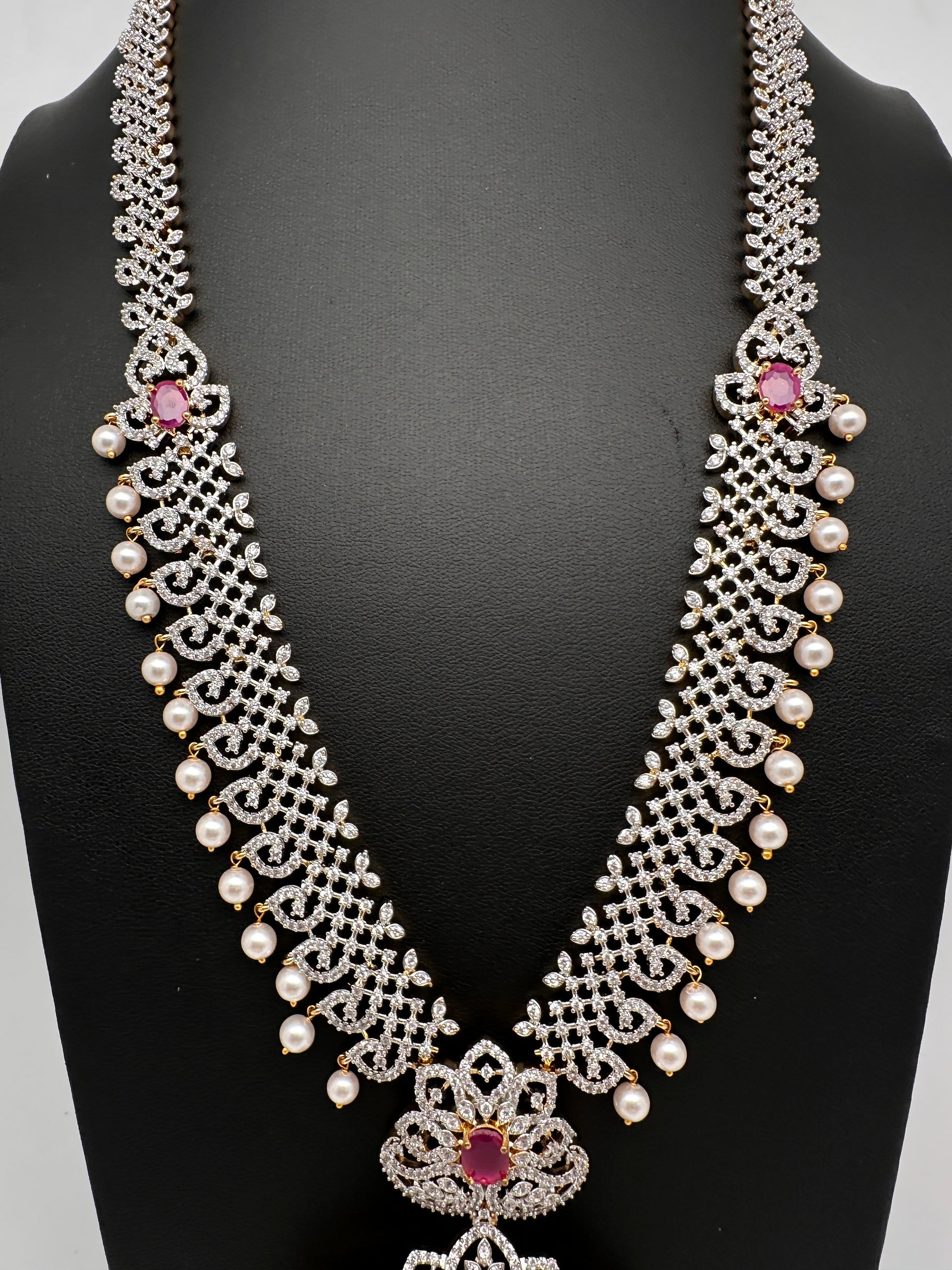 AD  Diamond Finish Color Stone Long Necklace - Red