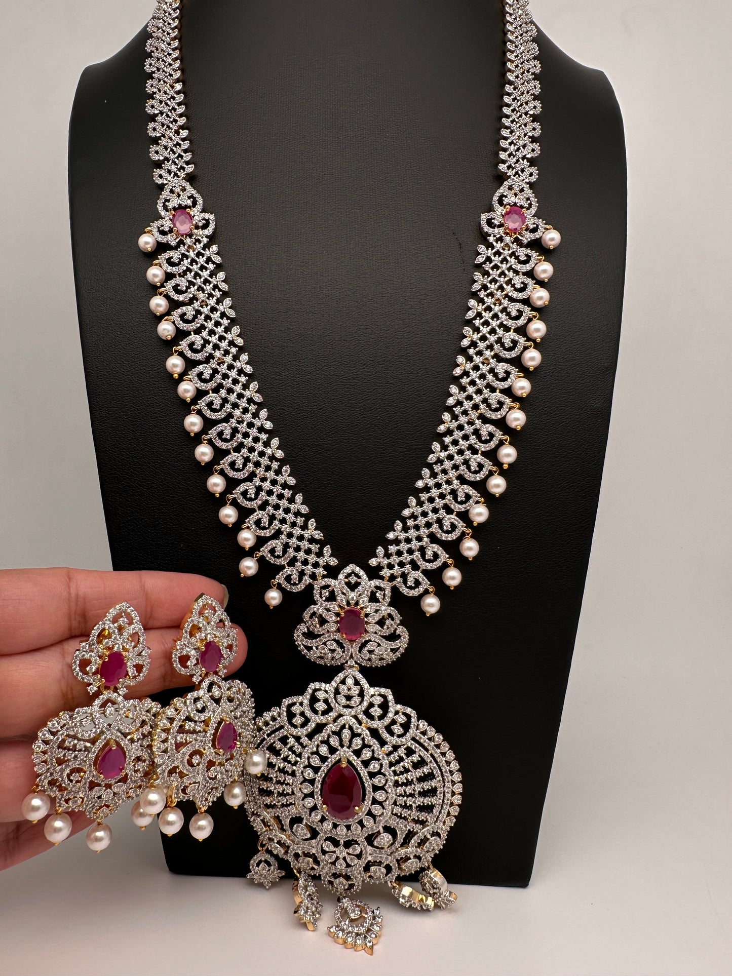 AD  Diamond Finish Color Stone Long Necklace - Red