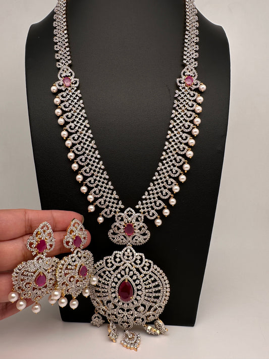 AD  Diamond Finish Color Stone Long Necklace - Red