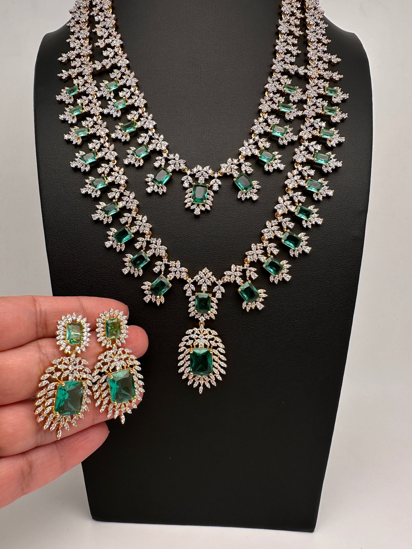 AD  Diamond Double Layer Color Stone Long Necklace - AquaGreen