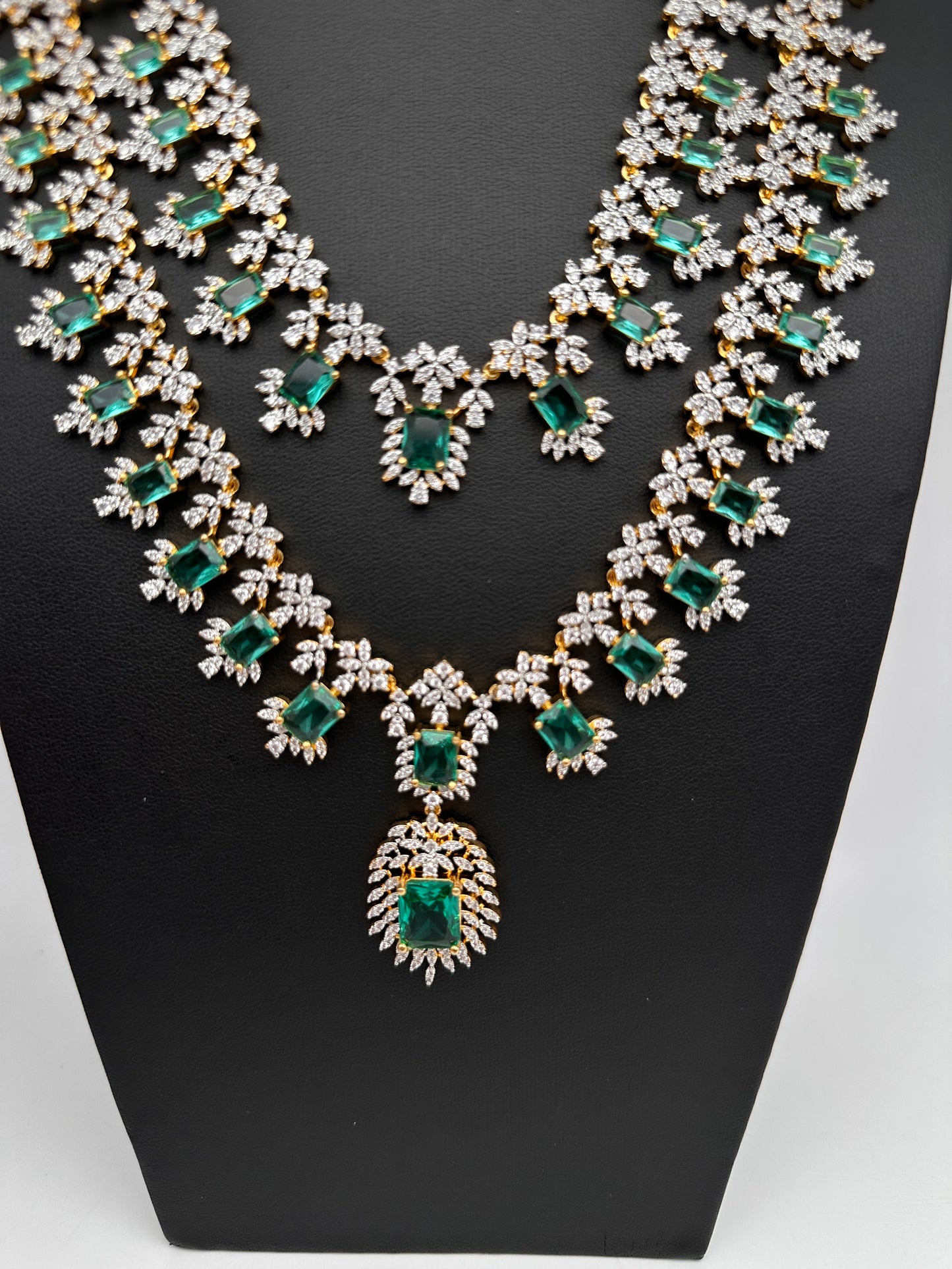 AD  Diamond Double Layer Color Stone Long Necklace - AquaGreen