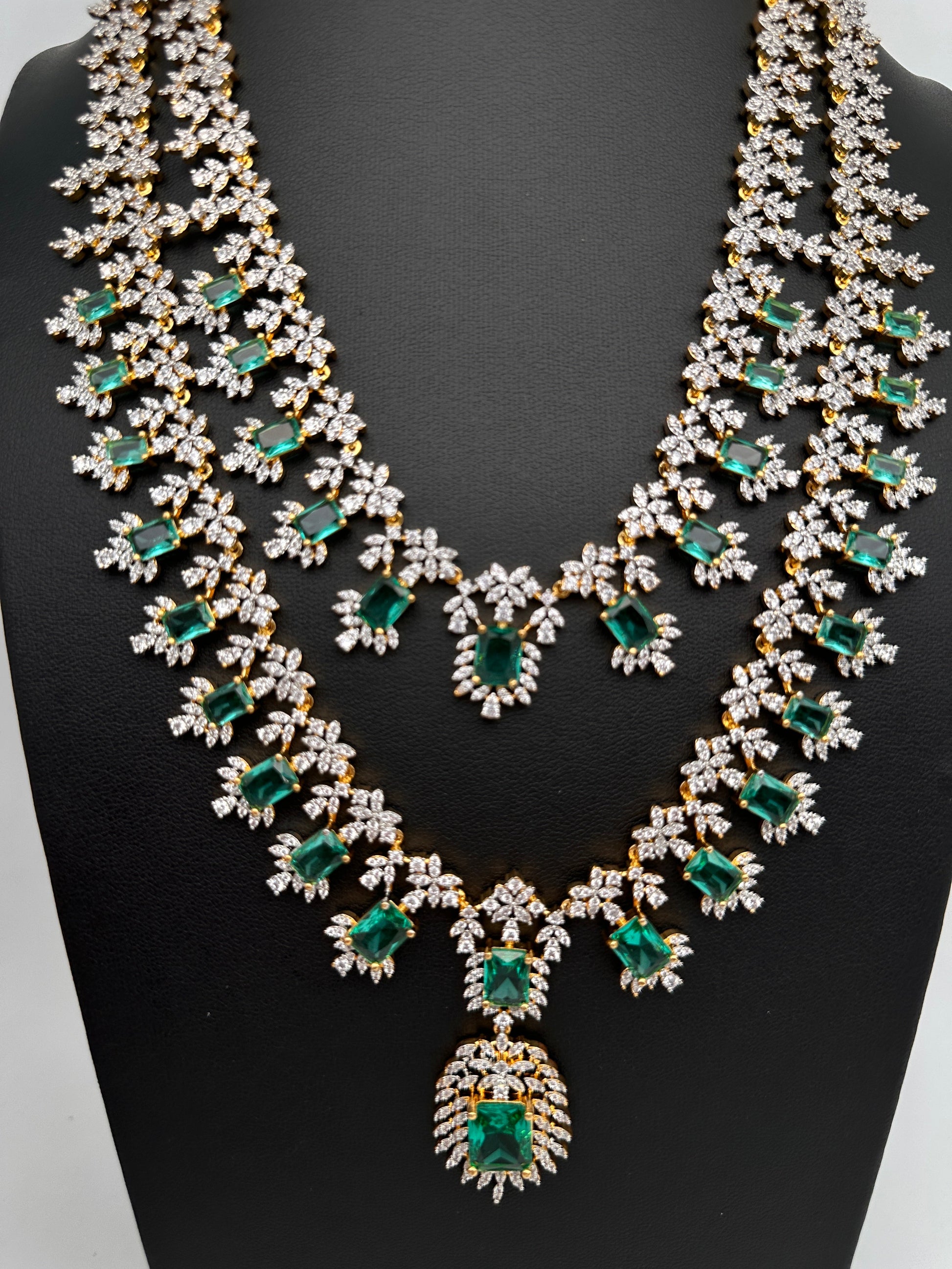 AD  Diamond Double Layer Color Stone Long Necklace - AquaGreen