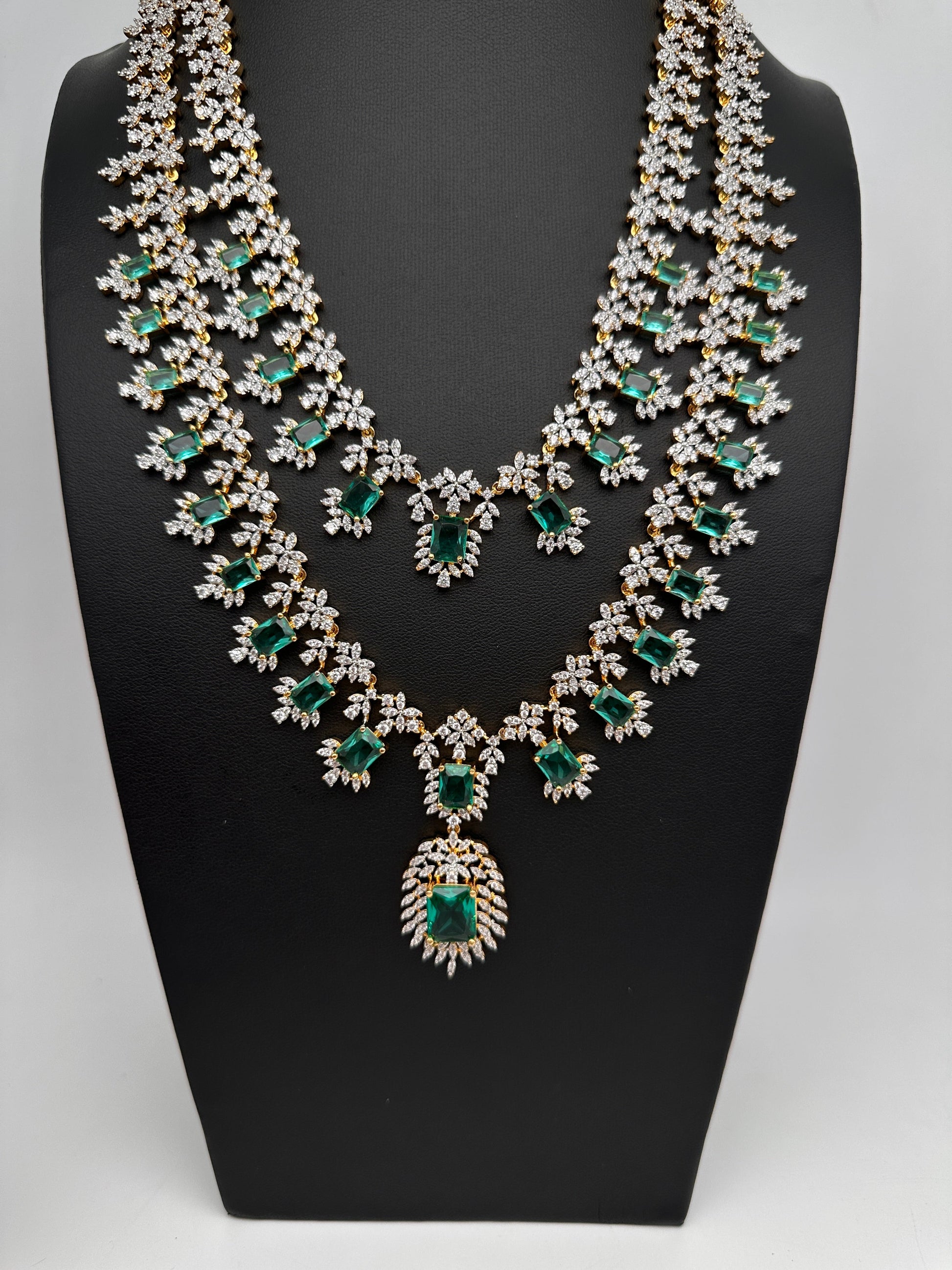AD  Diamond Double Layer Color Stone Long Necklace - AquaGreen