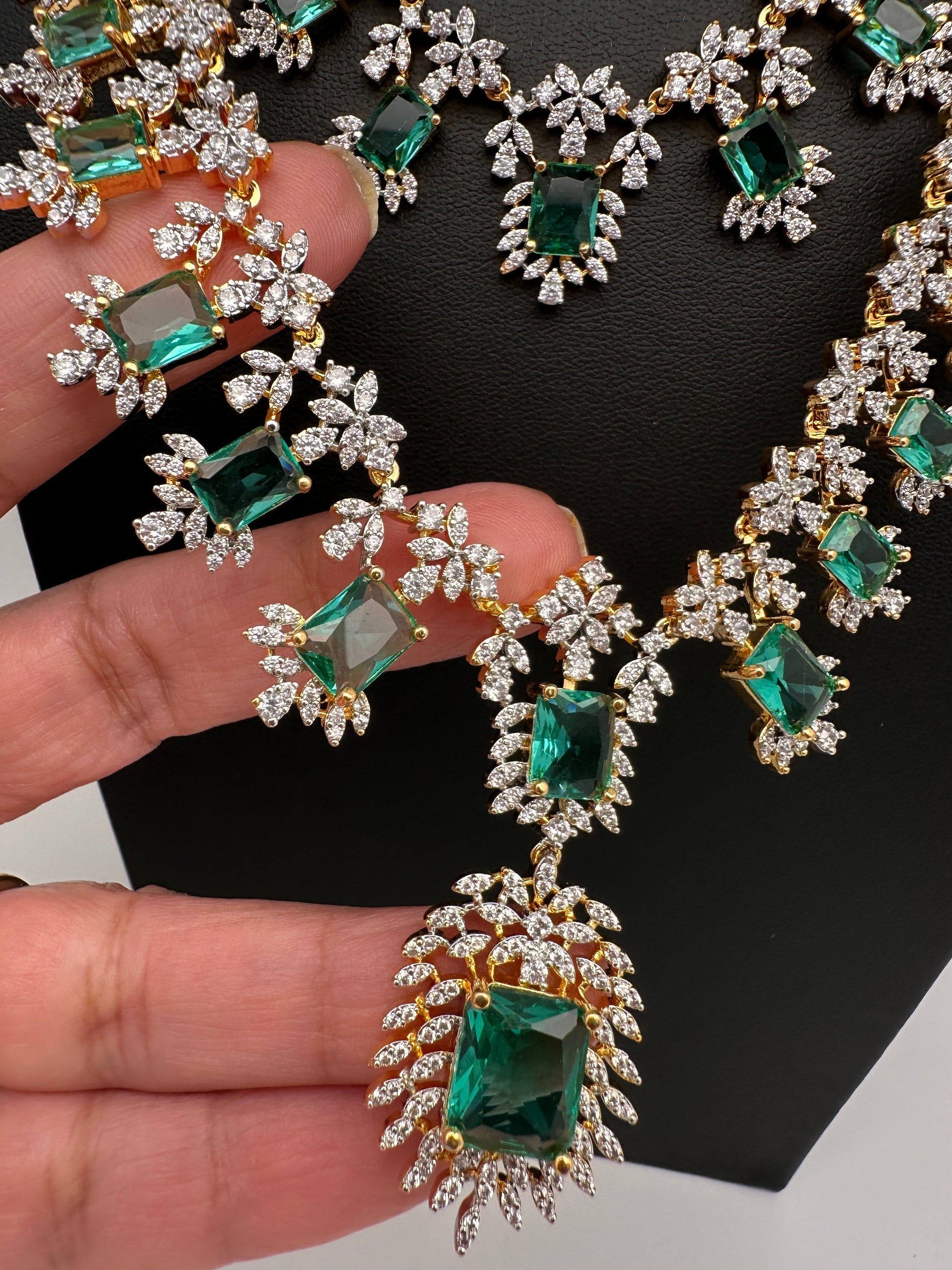AD  Diamond Double Layer Color Stone Long Necklace - AquaGreen