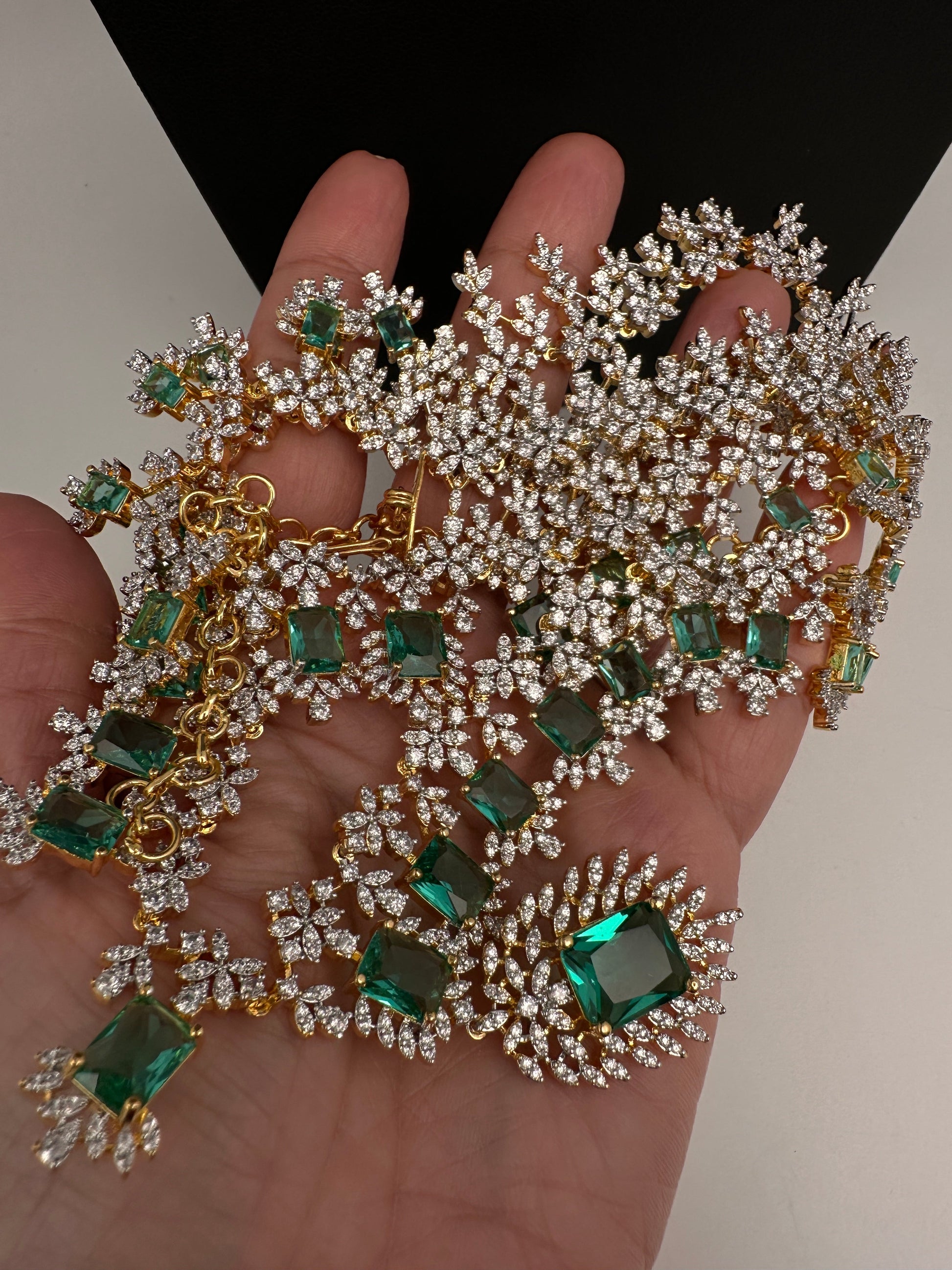 AD  Diamond Double Layer Color Stone Long Necklace - AquaGreen