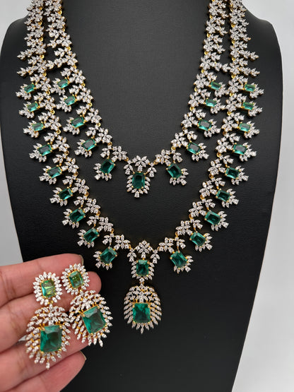 AD  Diamond Double Layer Color Stone Long Necklace - AquaGreen