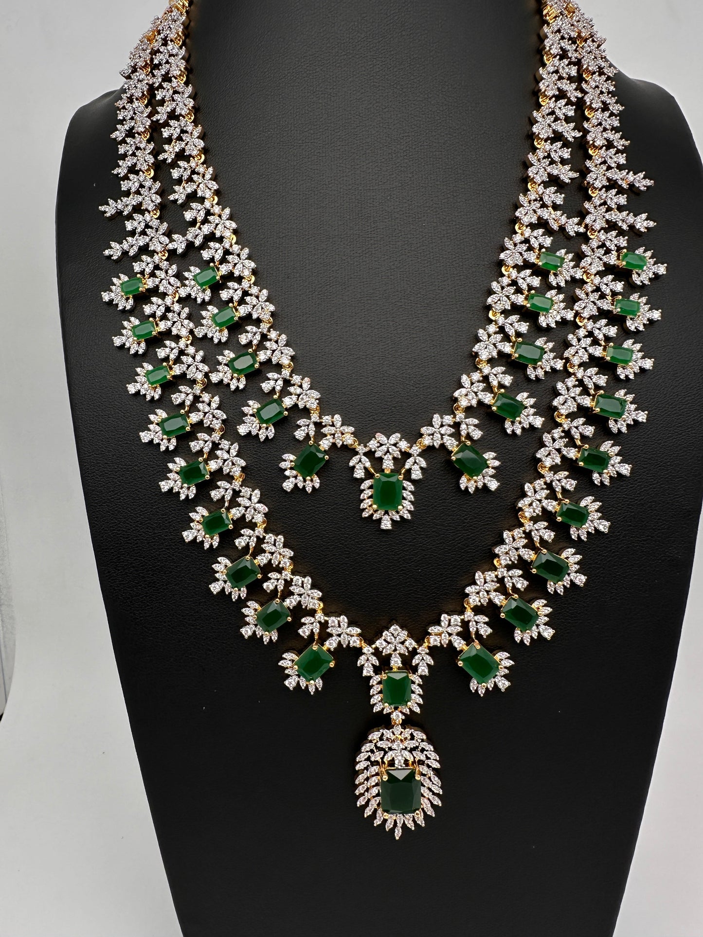 AD  Diamond Double Layer Color Stone Long Necklace - Green