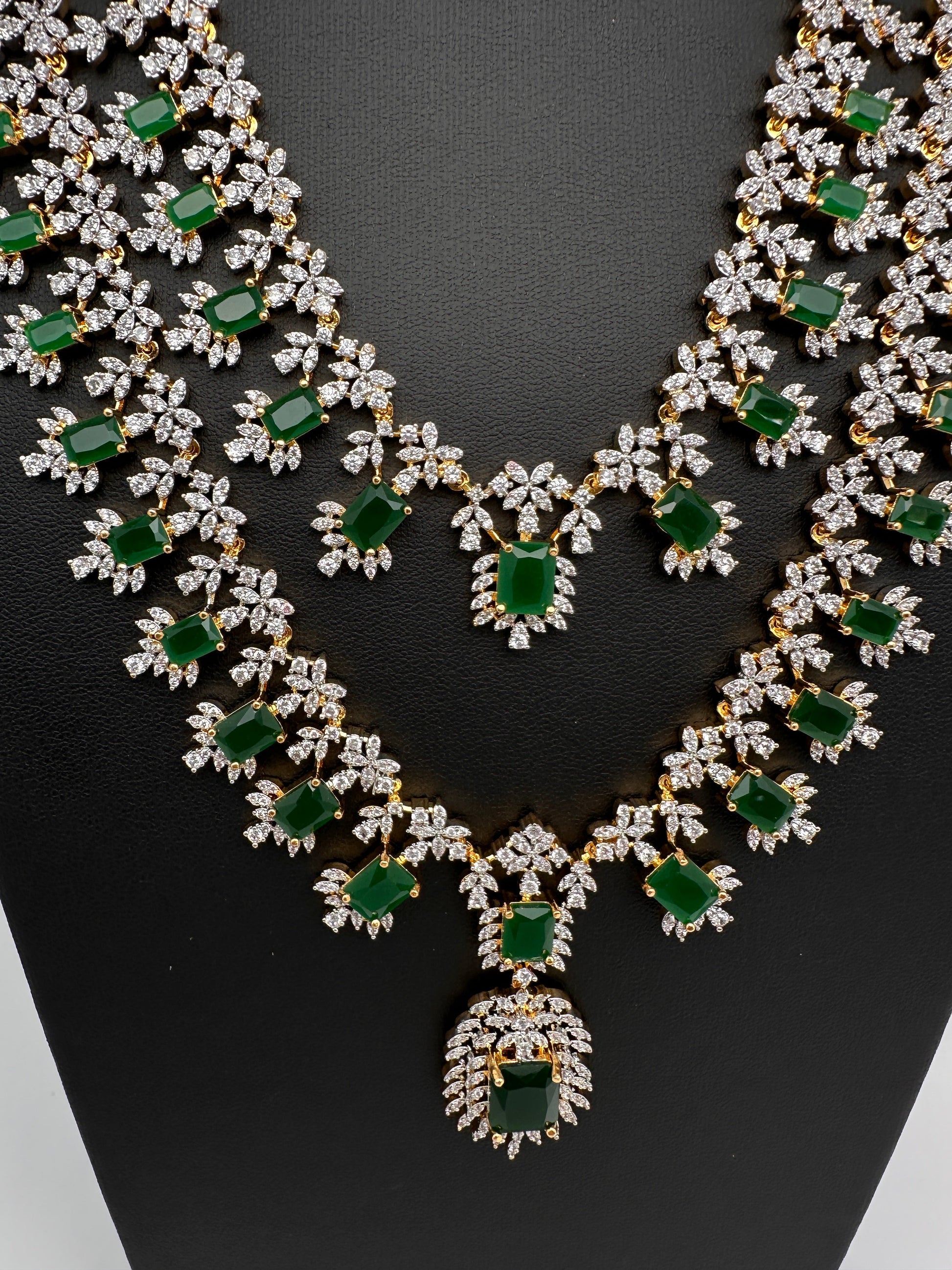 AD  Diamond Double Layer Color Stone Long Necklace - Green