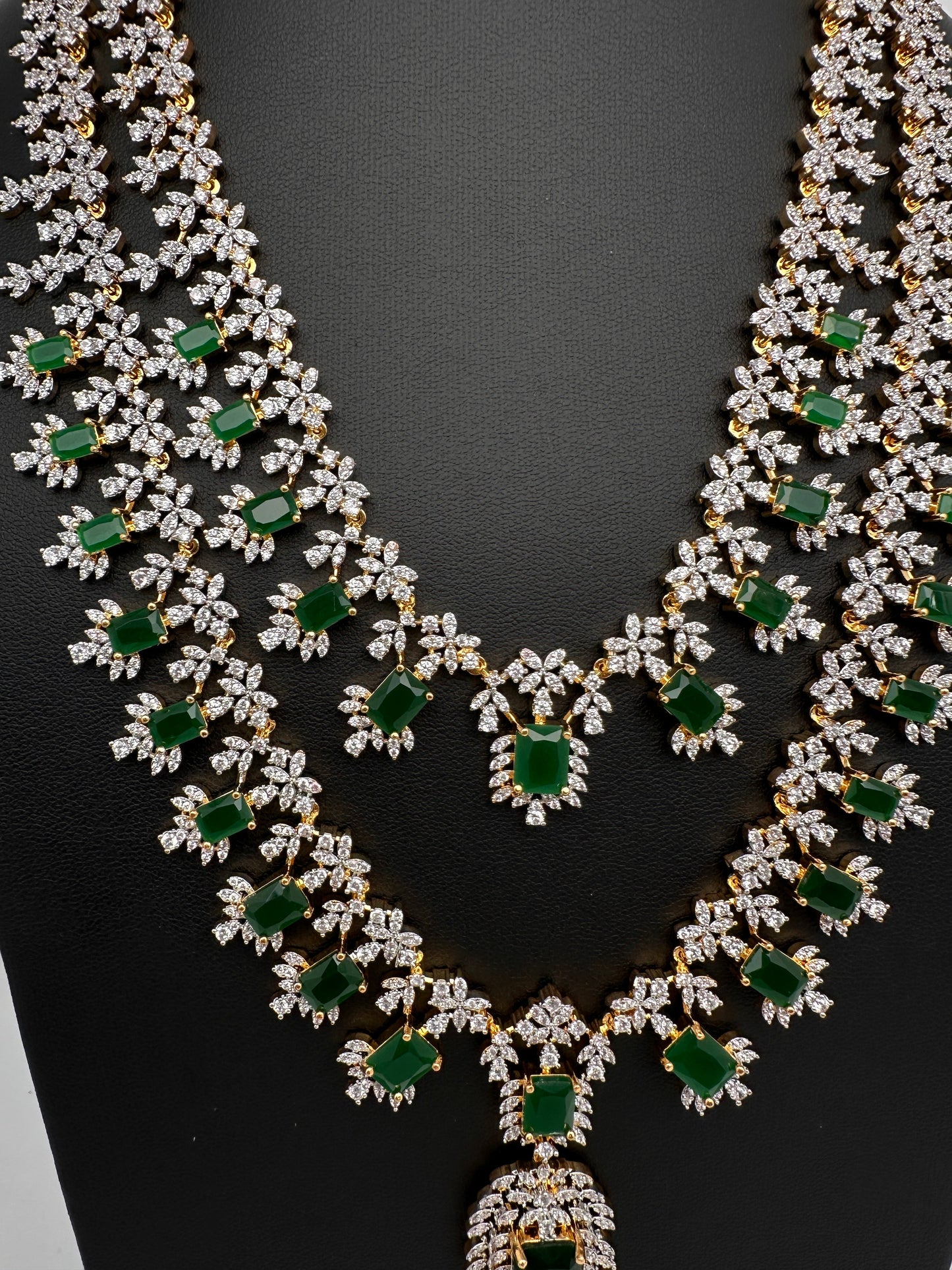 AD  Diamond Double Layer Color Stone Long Necklace - Green