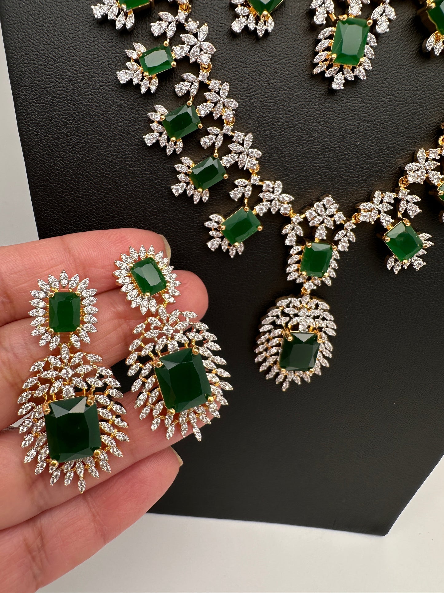 AD  Diamond Double Layer Color Stone Long Necklace - Green