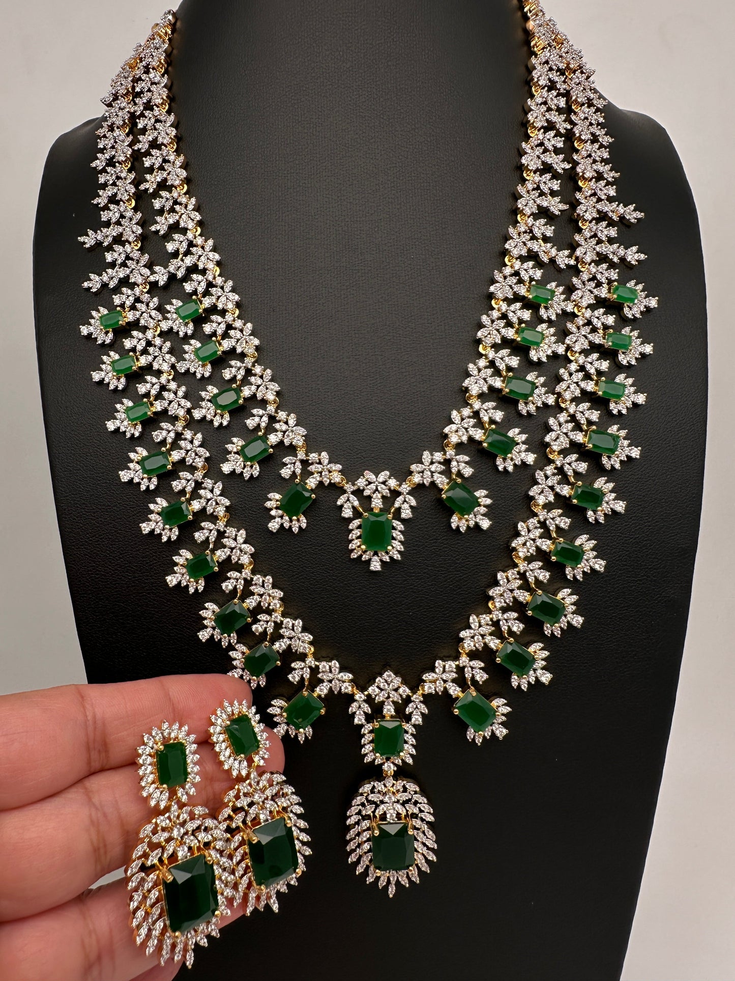 AD  Diamond Double Layer Color Stone Long Necklace - Green